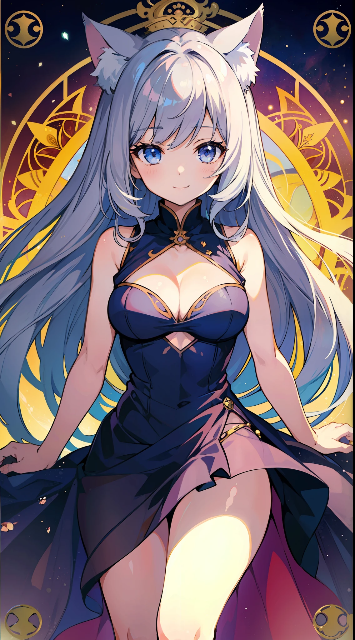 (Masterpiece), (Top Quality Anime Illustration), (Super Definition), One Girl, Solo, Silver-haired Beautiful Girl, Anime , Cat Ear Lolie-Through Dress, Sleeveless, Smile, Cleavage Enhancement, Lower Breast Enhancement, Thighs, Tarot Card Style, Emperor
