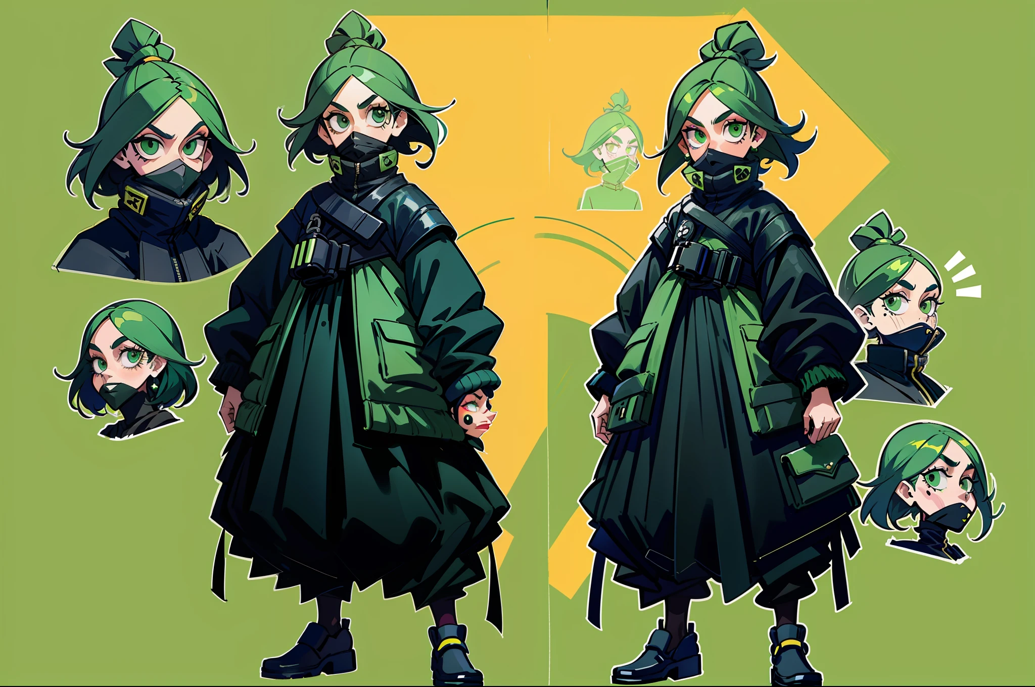 Bank robber styled clothing girl wearing poncho black color scheme with hint of emerald green goofy hair wearing black mask pockets all over outfit fullbody criminal holding whip standing at camera tall character concept art sheet silly face