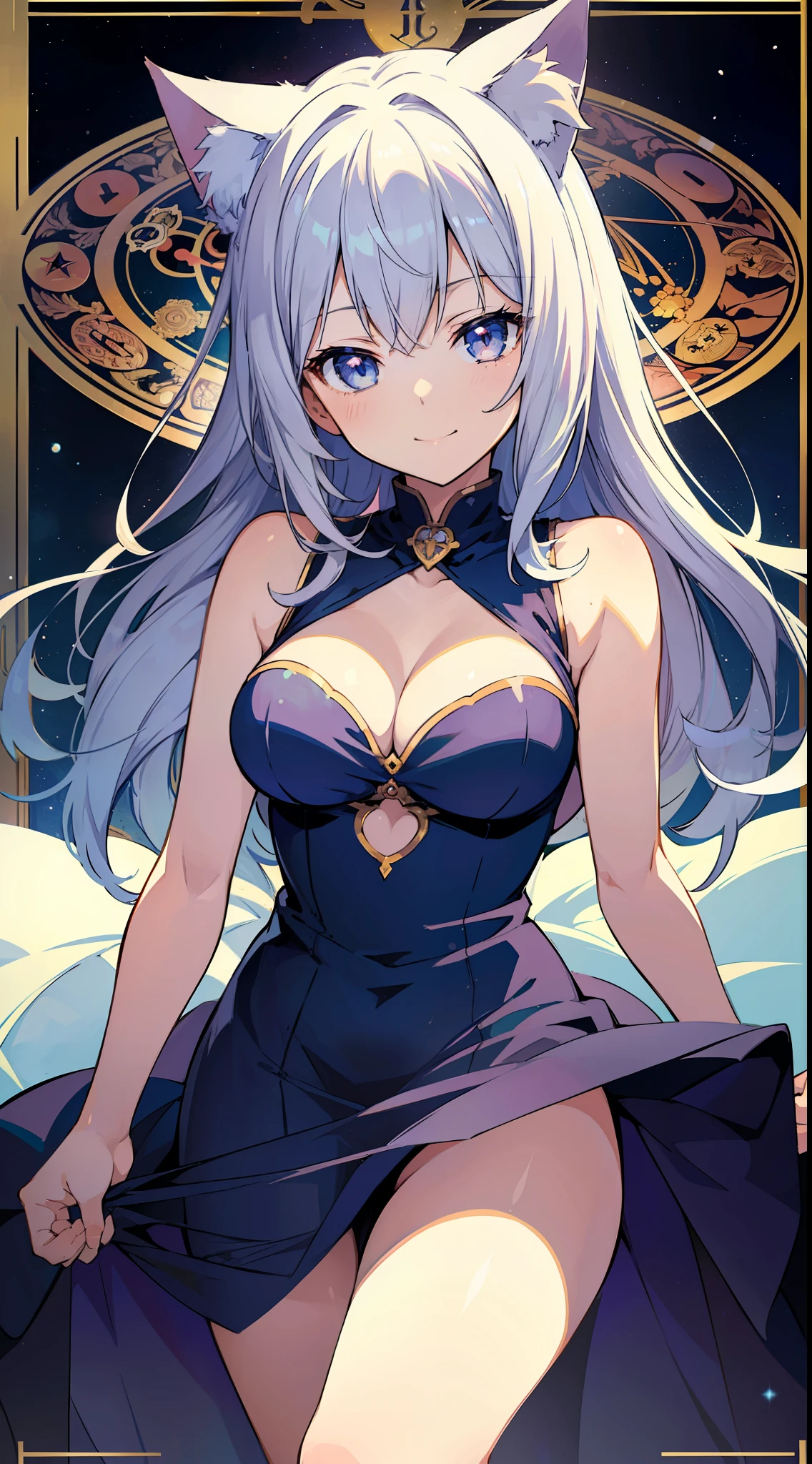 (Masterpiece), (Top Quality Anime Illustration), (Super Definition), One Girl, Solo, Beautiful Girl with Silver Hair, Anime , Cat Ear Lolie-Through Dress, Sleeveless, Smile, Cleavage Enhancement, Lower Breast Enhancement, Thighs, Tarot Card Style, Magician