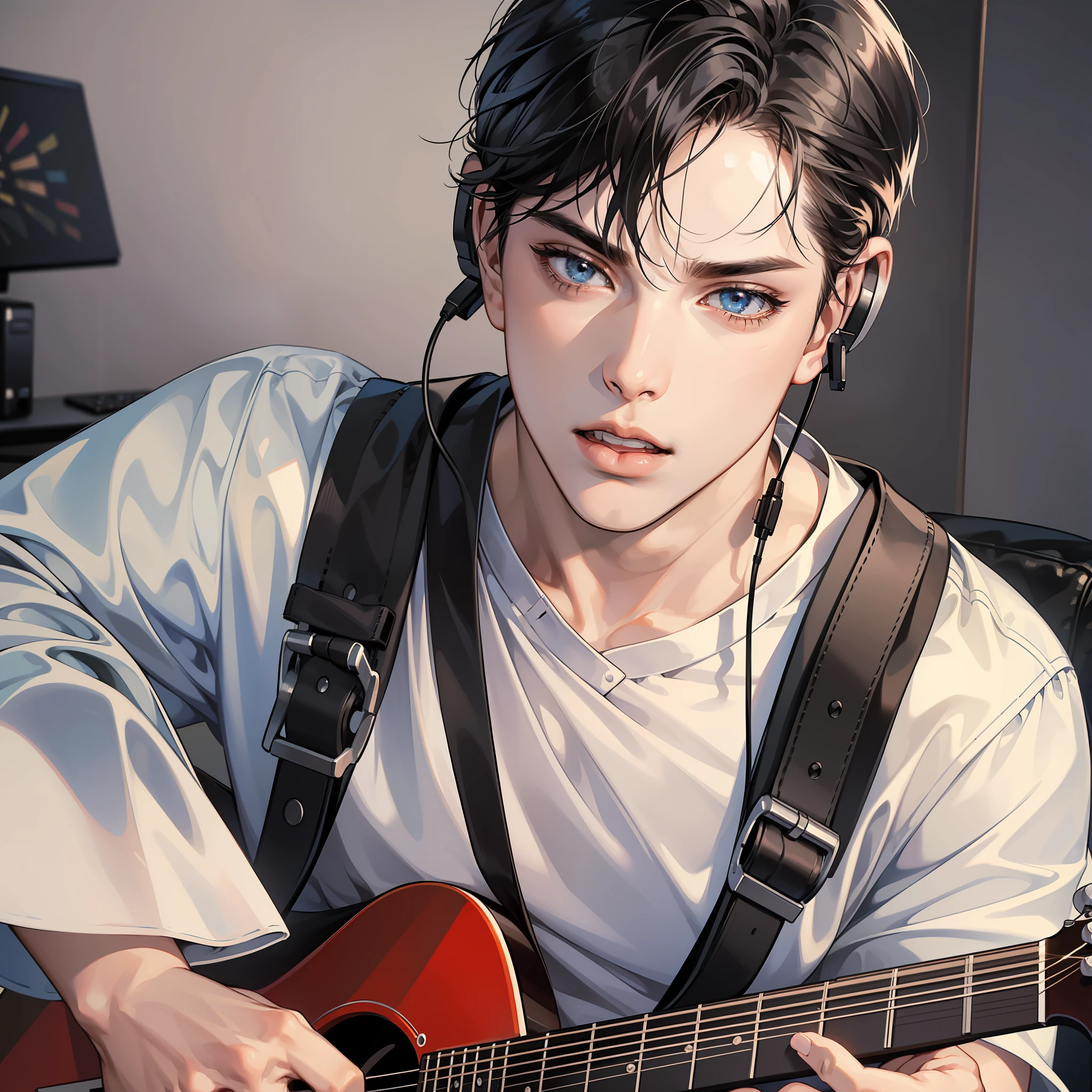Masterpiece, high quality, best quality, HD, realistic, perfect lighting, detailed face, detailed body, 1 man, short black hair, white T-shirt, (serious expression: 1.5) (face calm: 1.5), open mouth, looking at the computer screen, holding the guitar and singing, looking engaged, with headphones, in the room