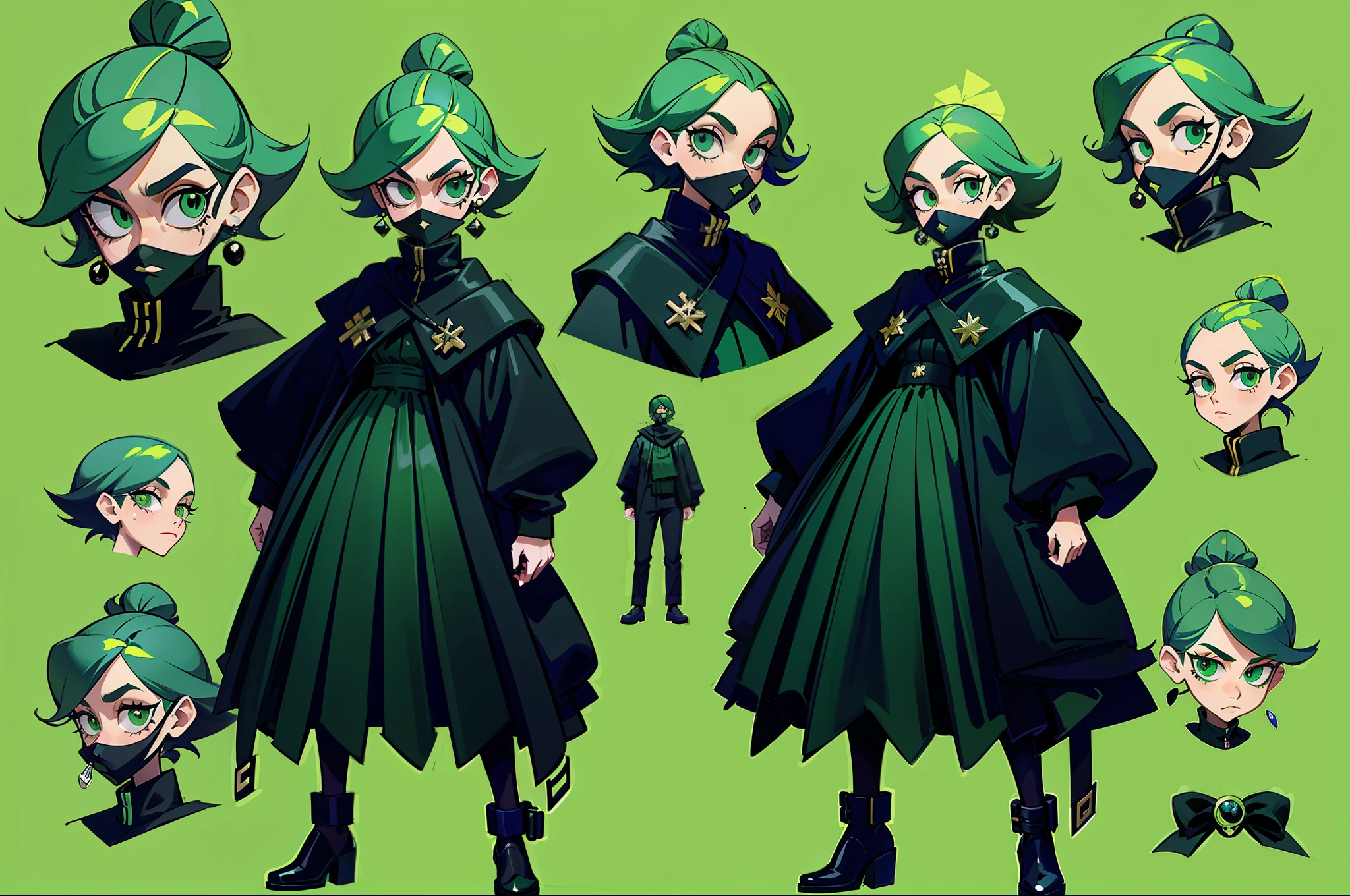 Bank robber styled clothing girl wearing poncho black color scheme with hint of emerald green goofy hair wearing black mask pockets all over outfit fullbody criminal holding whip standing at camera tall character concept art sheet silly face