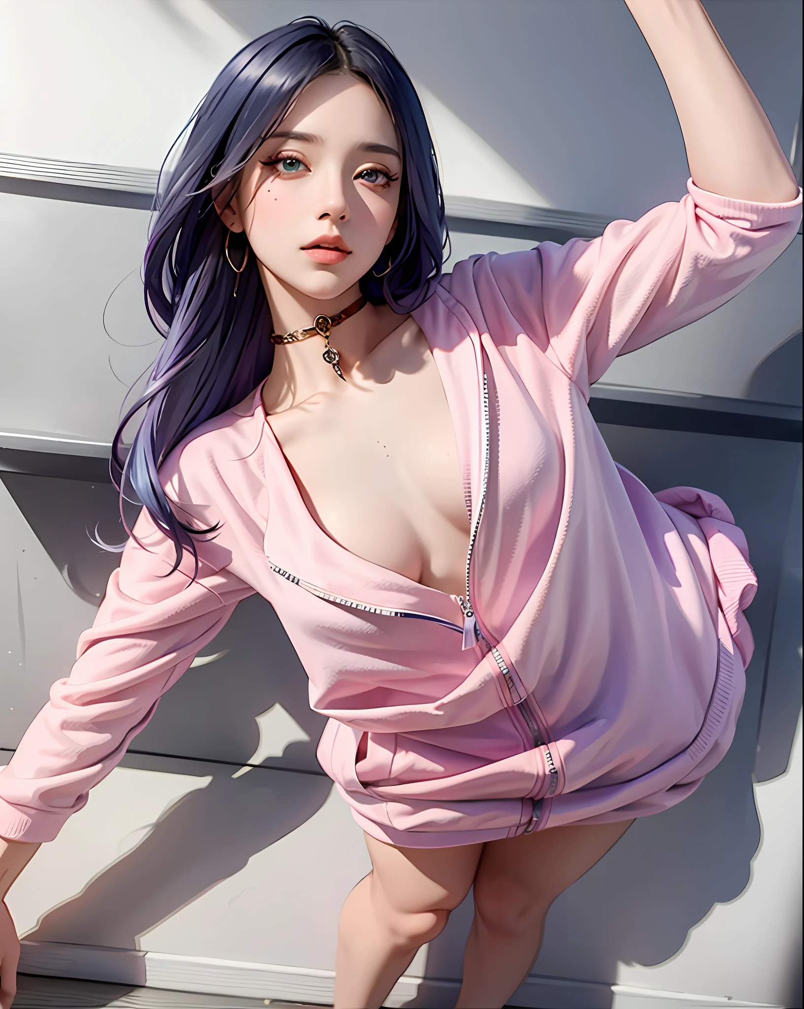 (masterpiece, best quality, 1girl, solo, intricate details, chromatic aberration),beautiful skin,realistic,((small breath)),long hair, blue hair, red head ornament, pink highlights, hair over one eye,purple eyes, sharp eyes, choker,black naked hoodie, (symmetry eyes),(perfect symmetrical body),against wall, brick wall, graffiti, dim lighting, alley ,look at viewer,