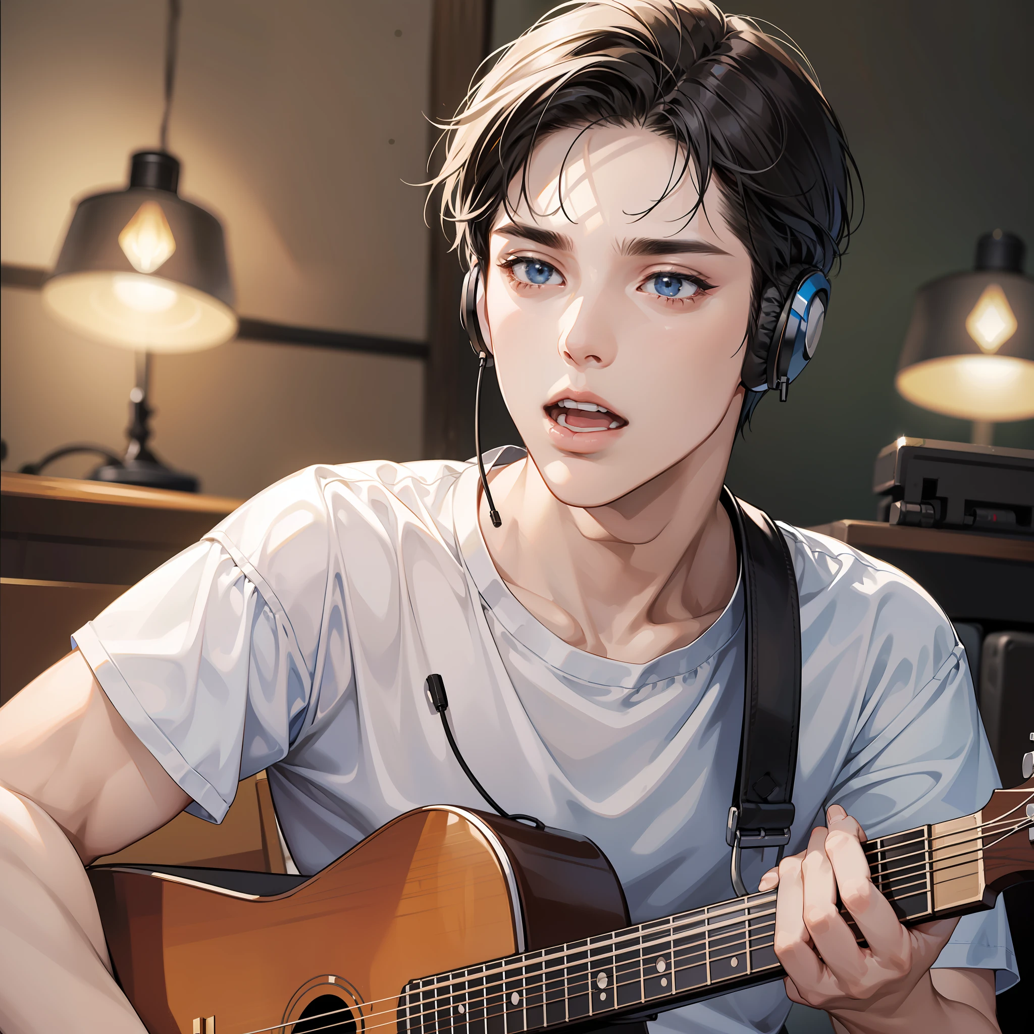 Masterpiece, high quality, best quality, HD, realistic, perfect lighting, detailed face, detailed body, 1 man, short black hair, white T-shirt, (serious expression: 1.5) (face calm: 1.5), open mouth, looking at the computer screen, holding the guitar and singing, looking engaged, with headphones, in the room