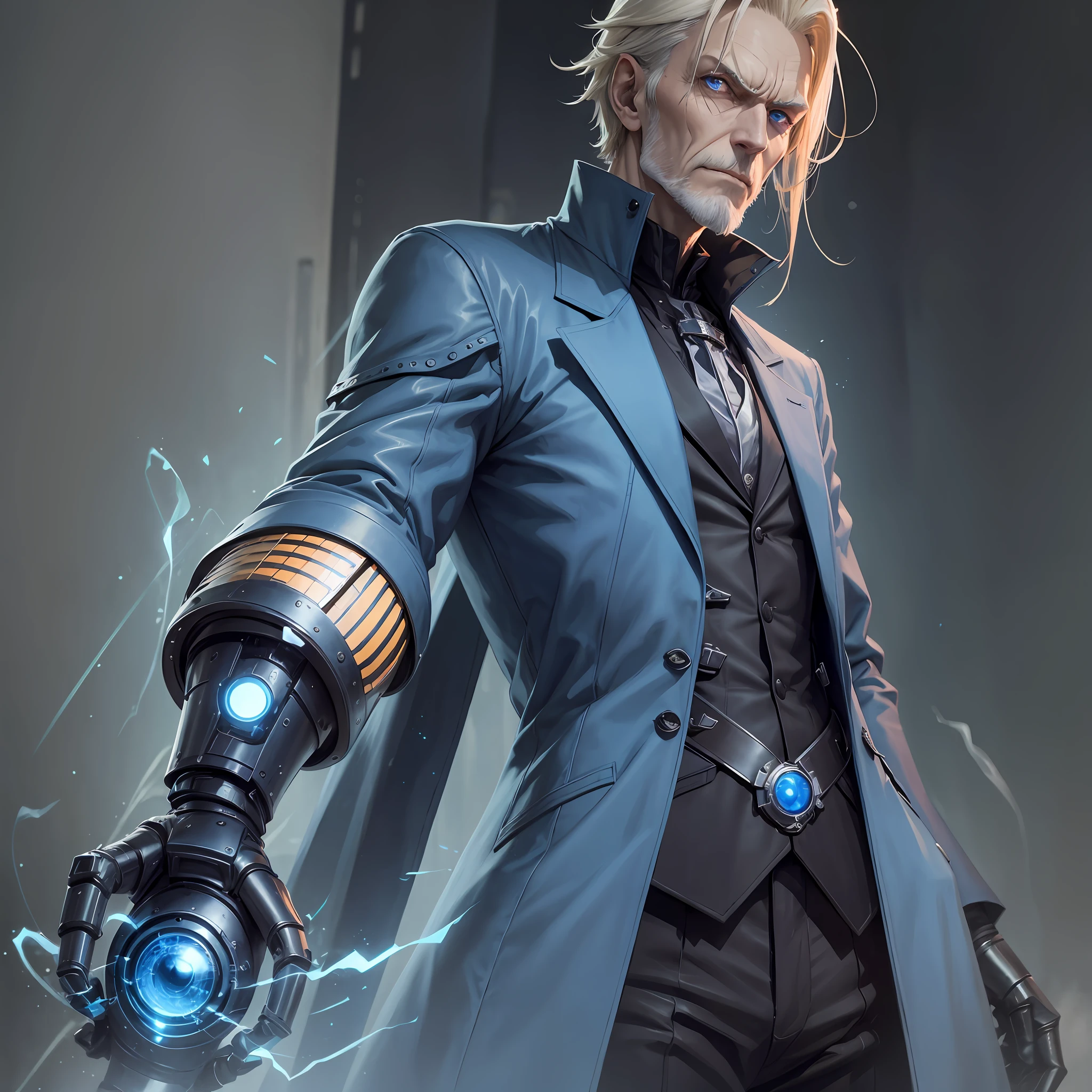 2D character, villain, old man, tall, skinny, pale, blond hair with cowlick, scary, mechanical arm, blue bionic eye. He wears a dark blue modern overcoat. --auto --s2