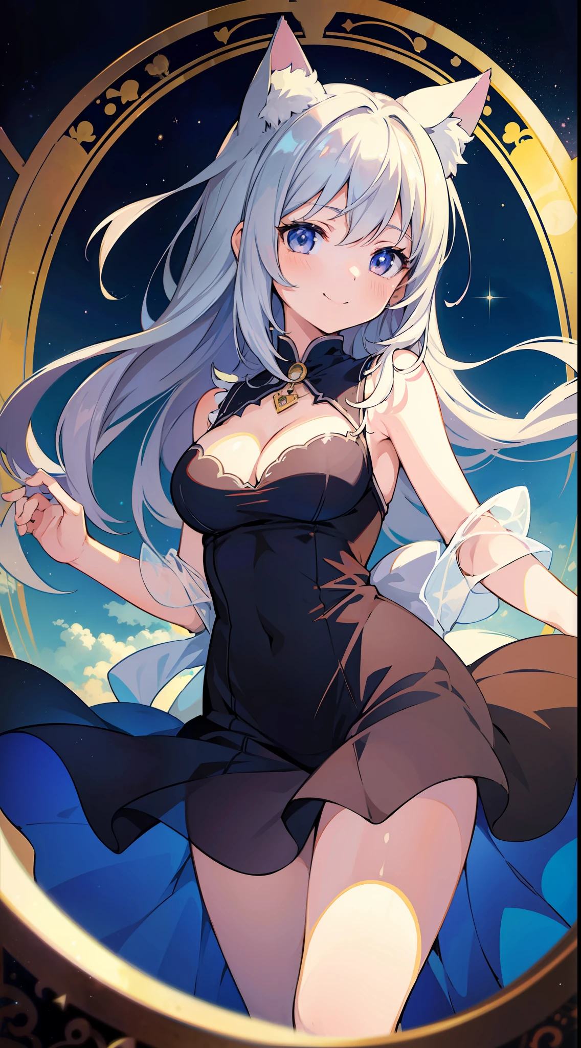 (Masterpiece), (Top Quality Anime Illustration), (Super Definition), One Girl, Solo, Silver-Haired Beautiful Girl, Anime Loli, Cat Ear Loli, See-Through Dress, Sleeveless, Smile, Cleavage Emphasis, Lower Breast Enhancement, Thighs, Tarot Card Style, Hermit