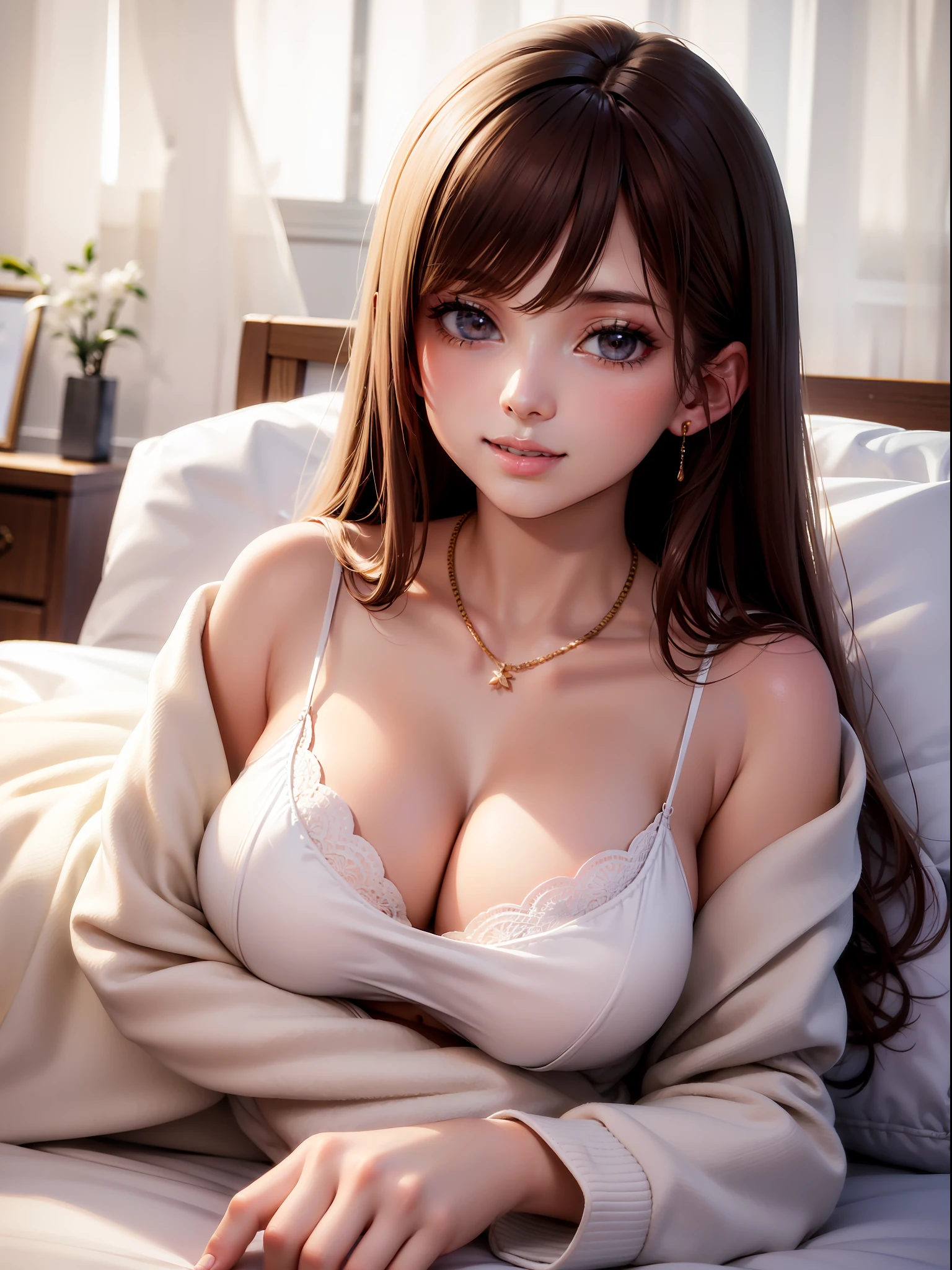 DETAILED, DENSE, MASTERPIECE, one girl, beautiful, wearing white cardigan, one girl lying on bed with blanket, brown hair, 22 years old, smooth skin, glowing skin, glowing hair, clear eyes, glowing eyes, brown eyes, soft lips, pale pink lips, (viewer Looking down: 0. 8) smiling slightly, cheeks stained, shy, mouth open, bangs, white sleeves, white clothing, one girl, soft skin, large breasts, glowing skin, cinematic lighting, rich lighting, room lighting, simple gold necklace, diamond necklace, white Lace bra, white lace panties, white lace underwear, high angle, low angle, (Masterpiece: 1.0), (Realistic: 1.6), (Soft Focus: 1.5)