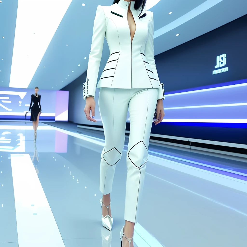 arafed image of a woman in a suit and shoes on a runway, futuristic look, futuristic style, symmetry! futuristic robotic, fashionable futuristic woman, futuristic fashion, wearing futuristic white suit, luxurious suit, futuristic fashion clothing, youtube video screenshot, futuristic fashion show, jia, wearing futuristic, suit, elegant suit, dior campaign, wearing a strict business suit