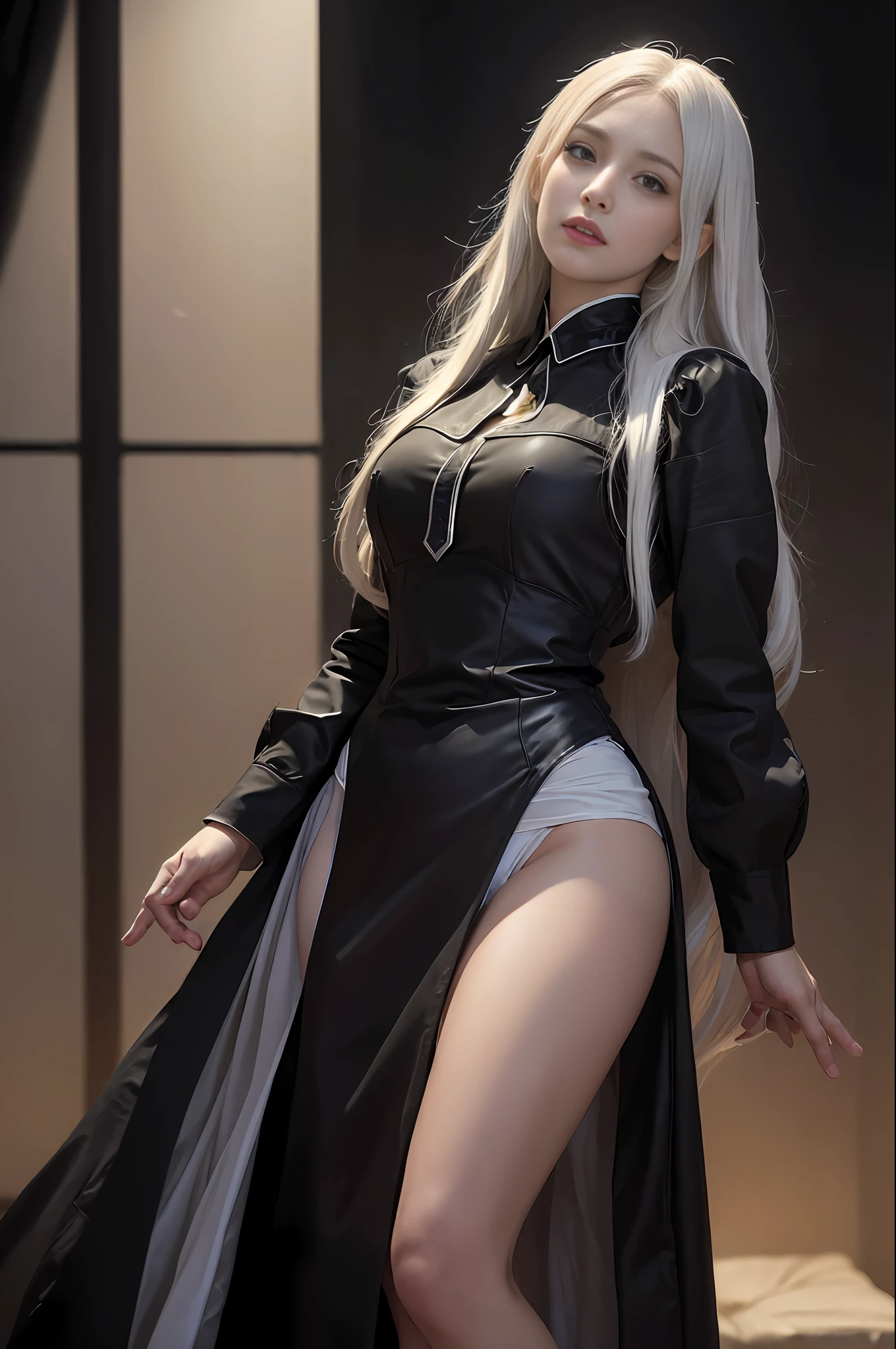 (front focus), (in the dark:1.6), Hyperrealist portrait of female by david hockney and alphonse mucha, fantasy art, photo realistic, dynamic lighting, artstation, poster, volumetric lighting, very detailed faces, 4 k, award winning, 1girl, in the dark, deep shadow, low key, cowboy shot, (official clothing:1.4), long hair, white hair