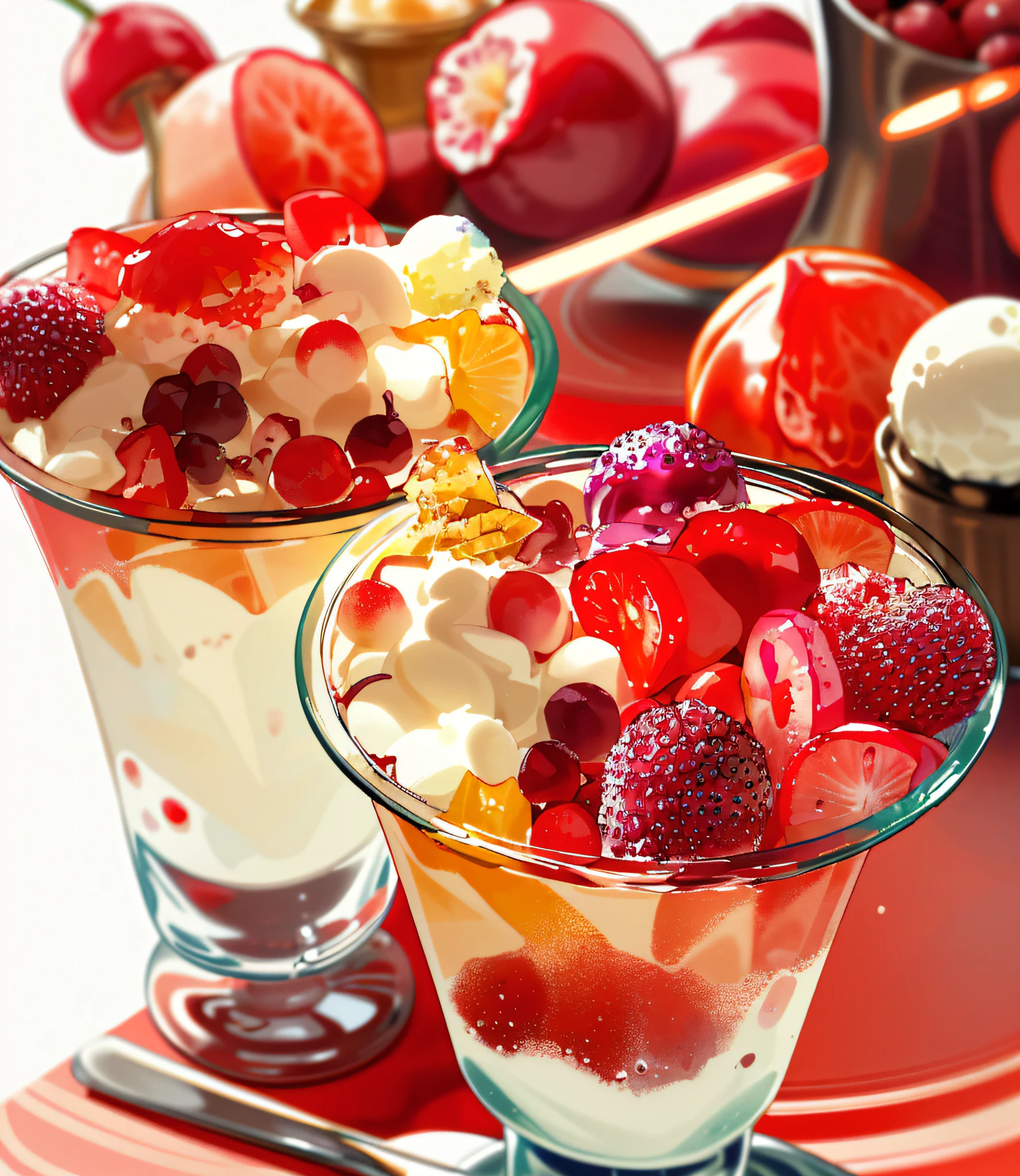 there are two cups of fruit and ice cream on a table, squashed berries, sea of parfait, ❤🔥🍄🌪, yummy, jelly, halo halo halo halo 8k, slush)), inspired by Cherryl Fountain, jelly - like texture, fresh fruit, (a bowl of fruit)!!!!!!!!!, squashed berries dripping, berry juice, healthy