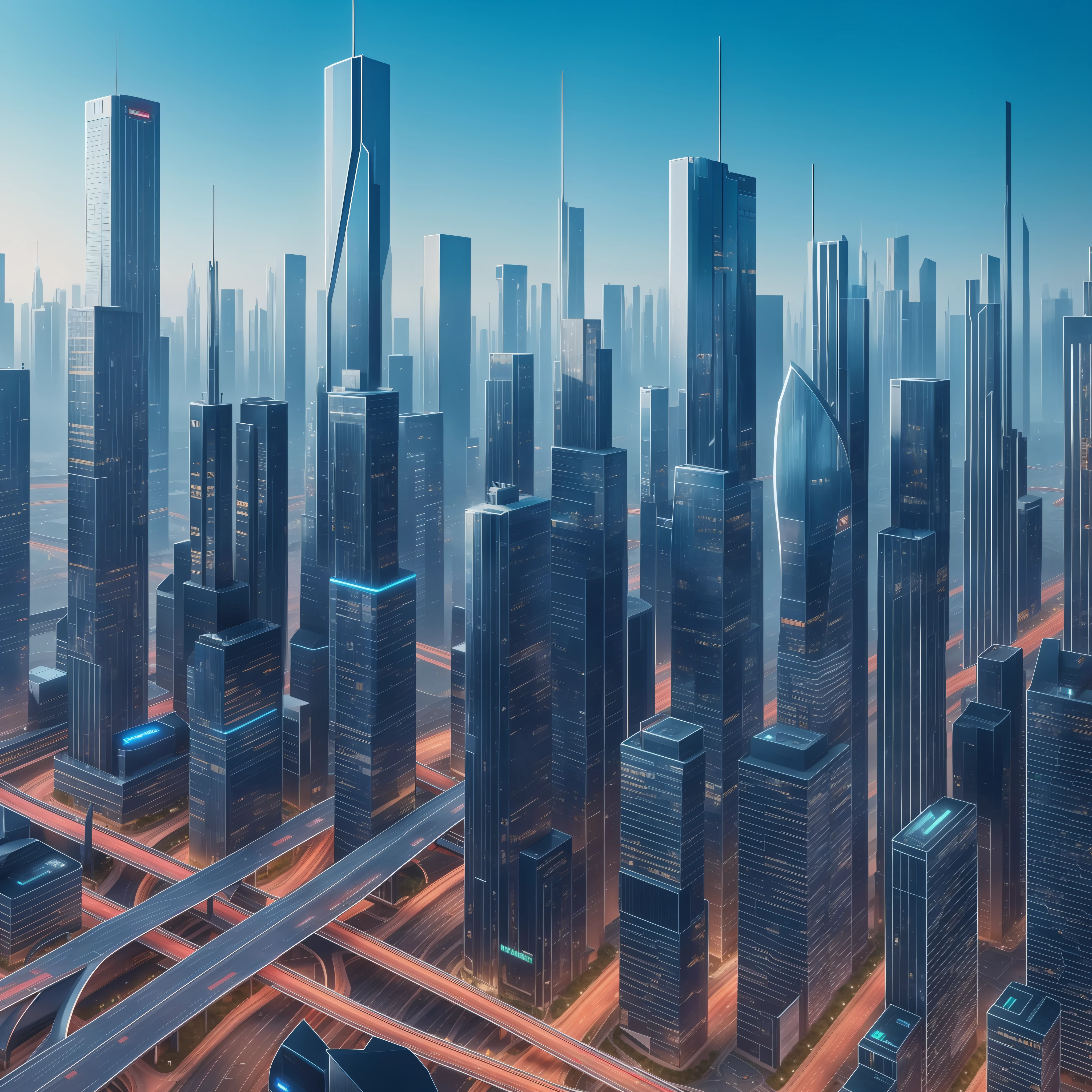 (8k, photorealistic: 1.37), A futuristic and bright city, with tall skyscrapers and flying cars passing through the streets.