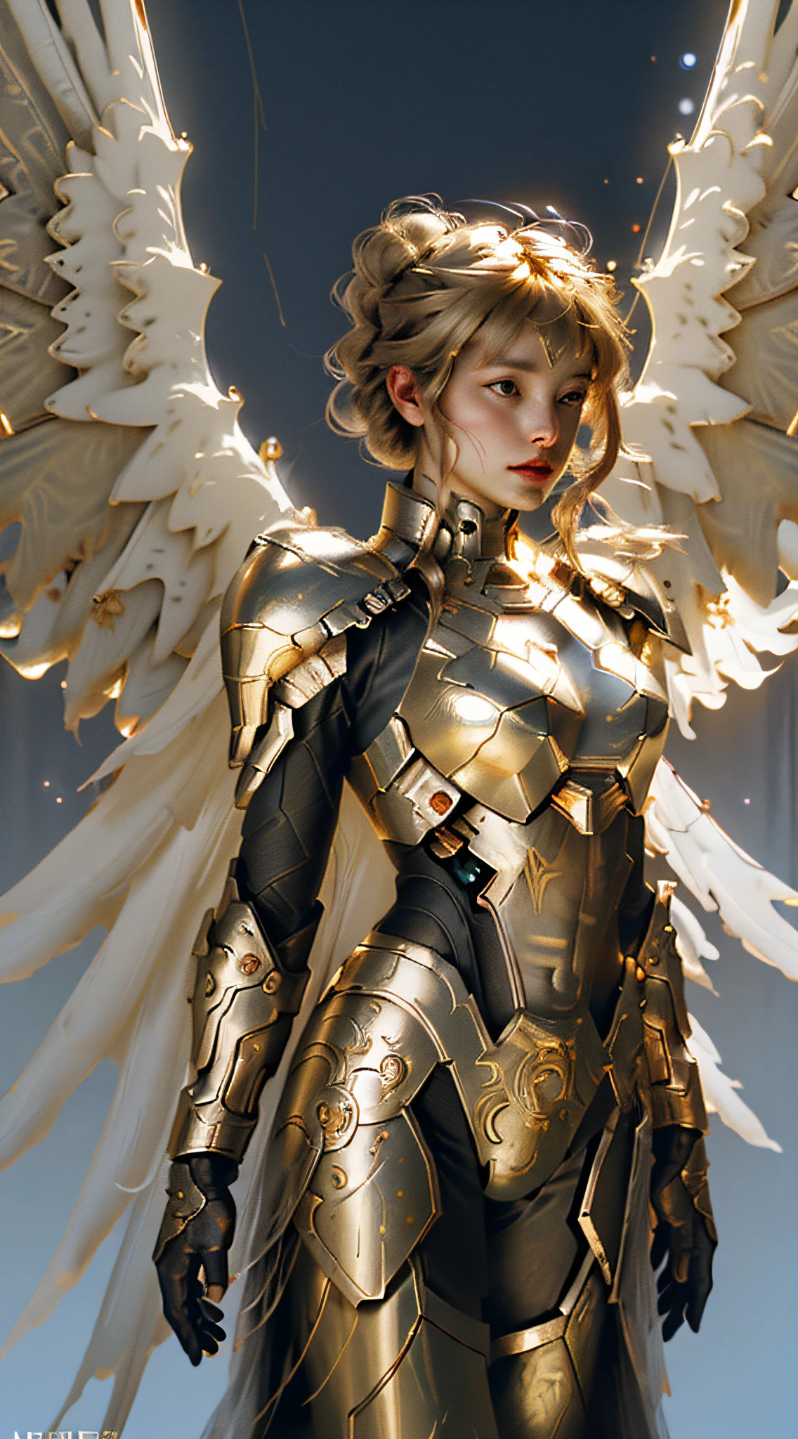 Valkyrie of War, with huge wings, metallic glowing wings, golden glowing background, white-gold armor, golden aperture at back, blonde hair, double bun, bangs, halo, glare, jitome, high detail, cinematic lighting, film grain, lens flare, cowboy lens, Verism, God ray, 8k, super detail, high detail