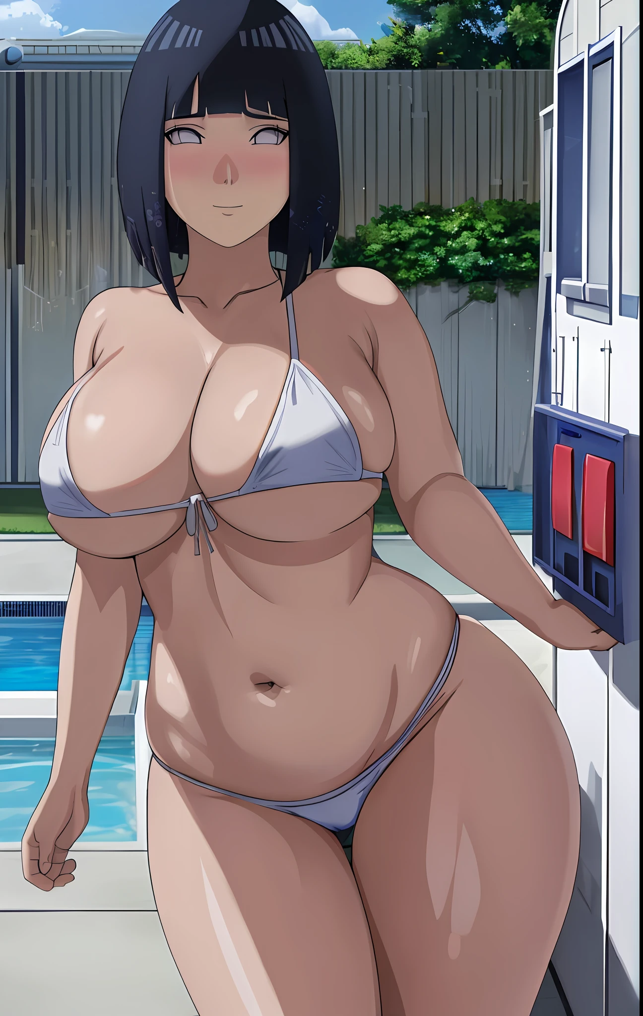 ((masterpiece:1.2)), best quality, Hyuga hinata, pretty face, large_breasts, white bikini, white bikini bottom, cowboy_shot, looking_at_viewer, light smile, closed_mouth, pool, water, anime screencap, huge breasts, plump, ((bursting breasts)), (blush), hanging breasts, pointy breasts,
