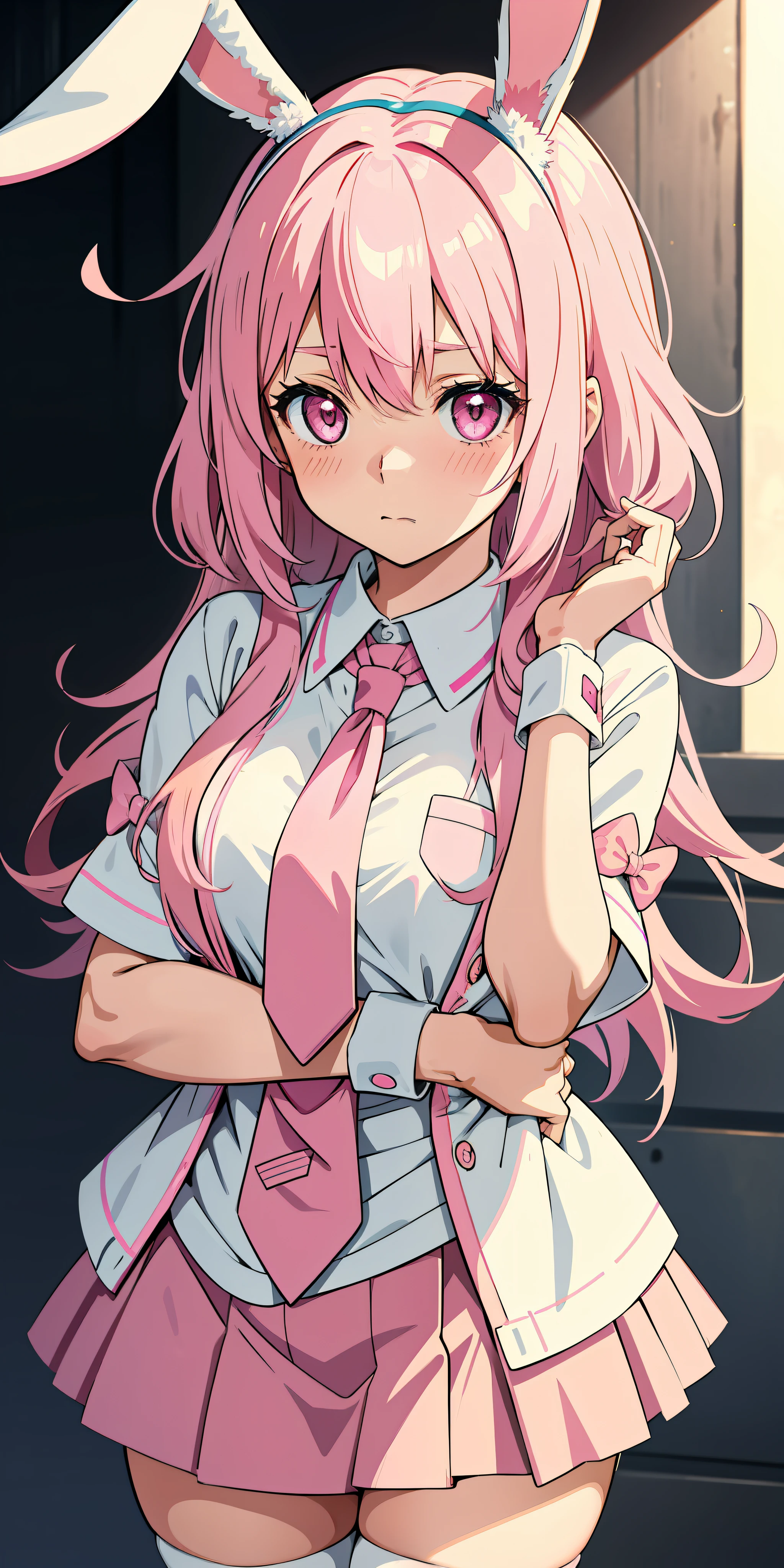 Anime girl with pink hair and bunny ears in pink tie, pink eyes, shy blush