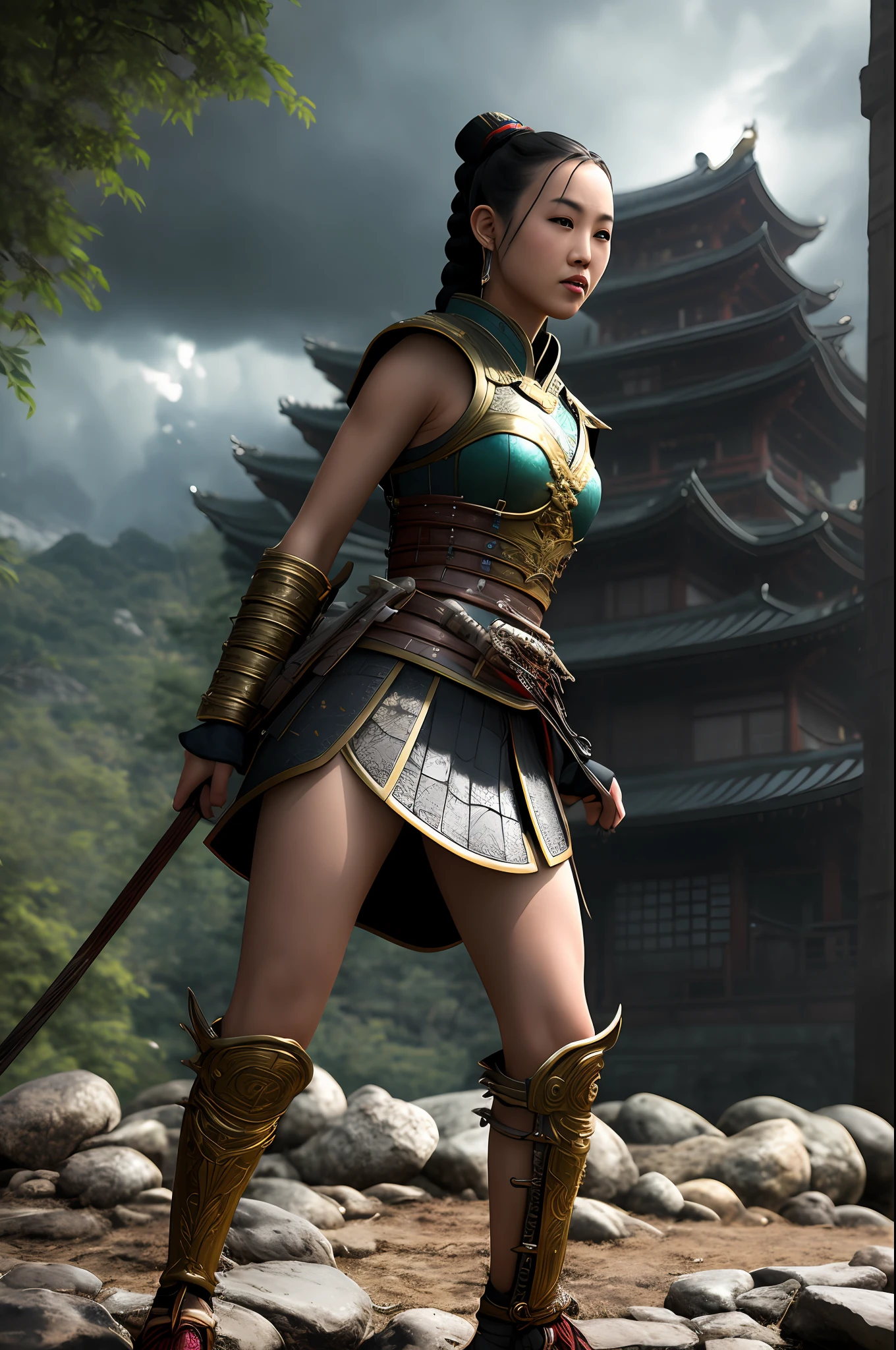 Amai Liu, cute girl, beautiful girl, asian, smile, masterpiece, wide-angle full-body panoramic photo of a beautiful asian girl in a samurai dress, tight skin, intricate, detailed, ninja, warrior, ornaments, armor, fierce character, warriors, honorable, action pose, dynamic pose, honorable pose, with a dark ancient japanese city in the background, extremely detailed, intricate background,  dramatic weather, storm and clouds, lightning, dangerous atmosphere, dark atmosphere, concept art, raytracing rendering, octane rendering, unreal engine, shallow depth of field, volumetric lights, global lighting, extremely detailed skin, extremely detailed face, reflective eyes, deep symmetrical eyes, in the style of the movie Crouching Tiger Hidden Dragon, art inspired by Tim Yip, style, detailed skin, matte skin,  Soft lighting, subsurface scattering, realistic, heavy shadow, 8k, golden aspect ratio, Soft focus