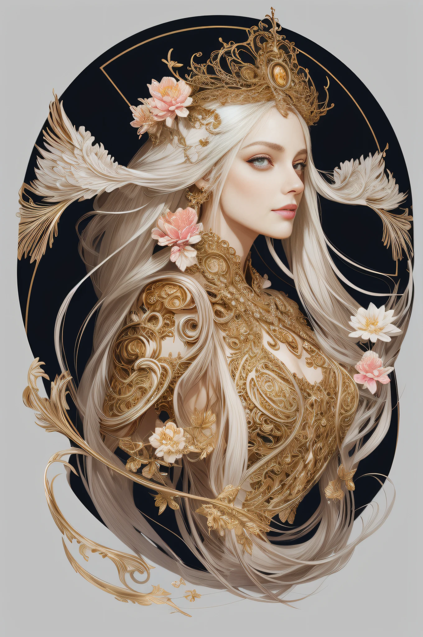 (analog style),(photorealistic:1.3), (skeleton like:0.4), ((female ornate princess)), (with white long flowing hair), (bright beautiful eyes), trending on artstation, flowers of hope by Jean-Honor Fragonard, Peter mohrbacher, hyper detailed, insane details, stunning, intricate, elite, art nouveau, ornate, liquid wax, elegant, luxury, Greg Rutkowski, ink style, sticker, vector-art beautiful character design, double exposure shot, luminous design, award winning, masterpiece, amoled black background, pale skin, subsurface scattering,