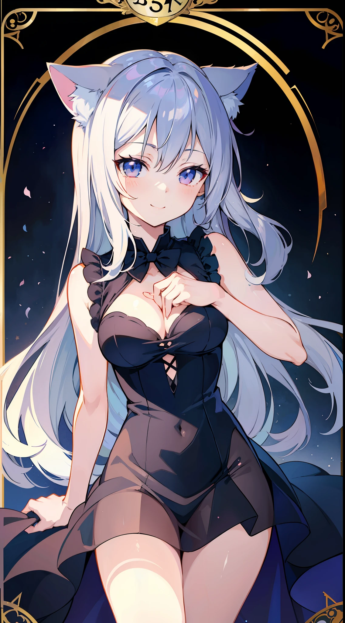 (Masterpiece), (Top Quality Anime Illustration), (Super Definition), One Girl, Solo, Silver-haired Beautiful Girl, Anime Loli, Cat Ear Loli, Pale Dark Blood See-Through Dress, Sleeveless, Smile, Cleavage Enhancement, Lower Breast Enhancement, Thighs, Tarot Card Style, Grim Reaper