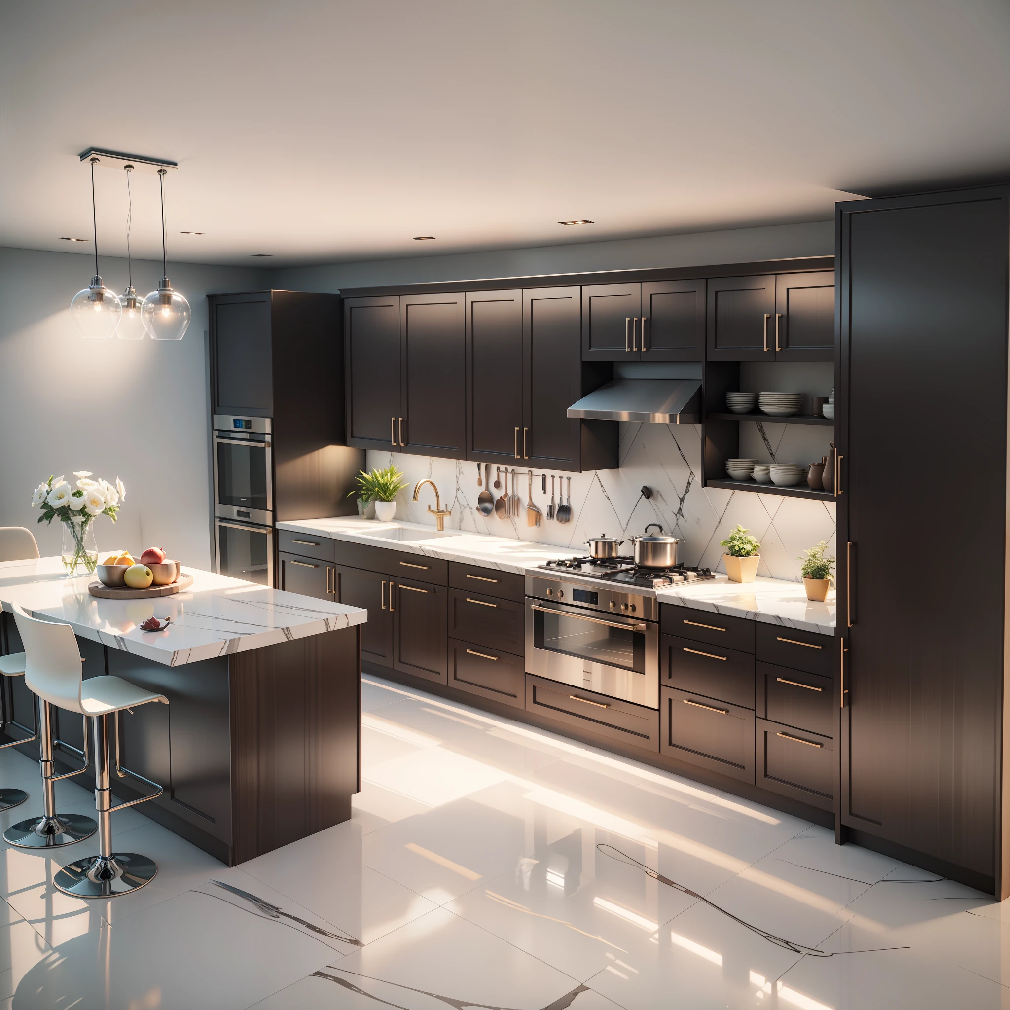 3D model HD rendering, right-angle isometric view, 45 degree angle, high detail, marble kitchen, global illumination, realistic lighting, Unreal Engine rendering, Substance 3D, Octane rendering, (HDR:1.3), kitchenware, open kitchen, marble countertops --auto --s2