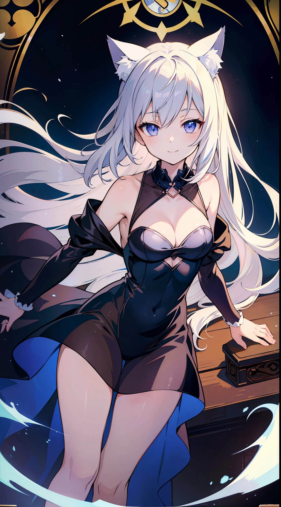 (Masterpiece), (Top Quality Anime Illustration), (Super Definition), One Girl, Solo, Silver-haired Beautiful Girl, Anime , Cat Ear Lolile Dark Blood See-Through Dress, Sleeveless, Smile, Cleavage Enhancement, Lower Breast Enhancement, Thighs, Tarot Card Style, Grim Reaper