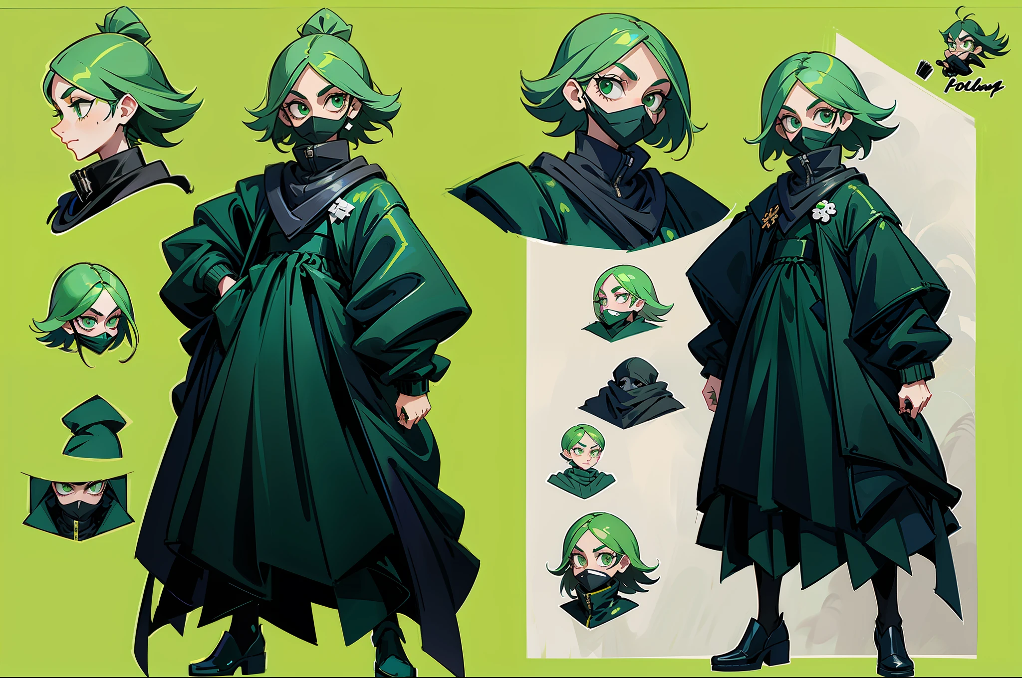 Bank robber styled clothing girl wearing poncho black color scheme with hint of emerald green goofy hair wearing black mask pockets all over outfit fullbody criminal holding whip standing at camera tall character concept art sheet theif silly face