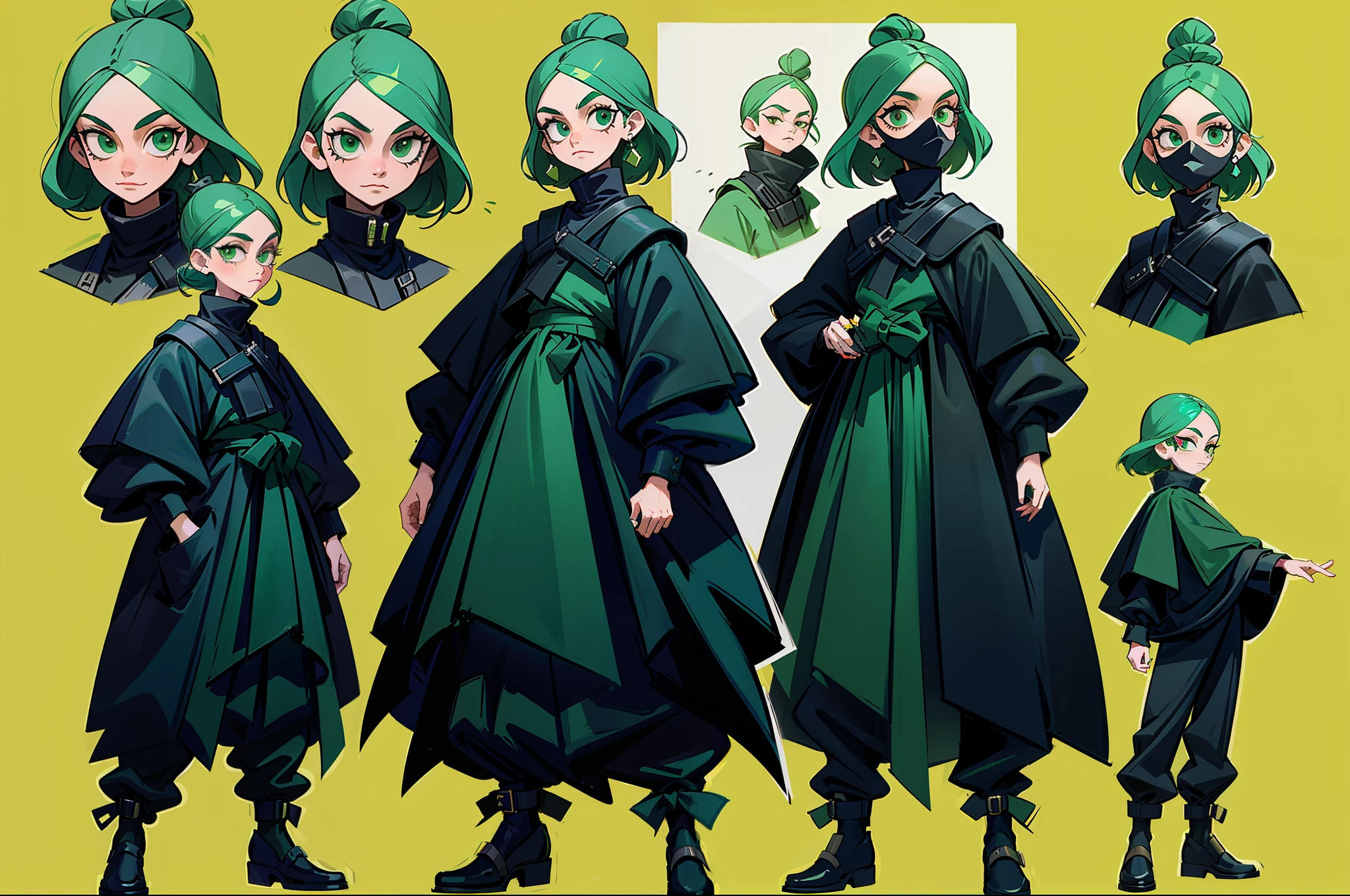 Bank robber styled clothing girl wearing poncho black color scheme with hint of emerald green goofy hair wearing black mask pockets all over outfit fullbody criminal holding whip standing at camera tall character concept art sheet theif silly face