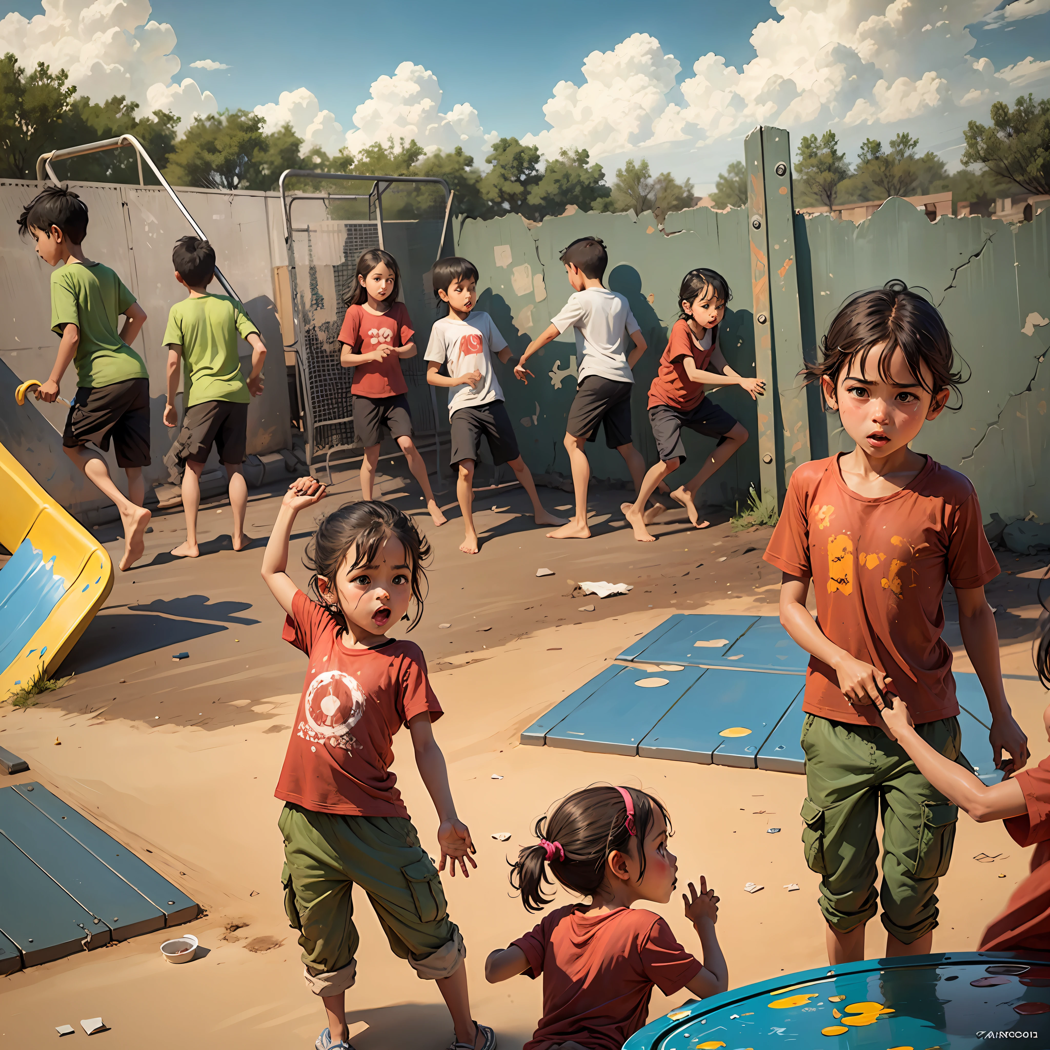 Paint a scene of children playing in a playground in a conflict area, showing the innocence lost in the midst of war. --auto --s2