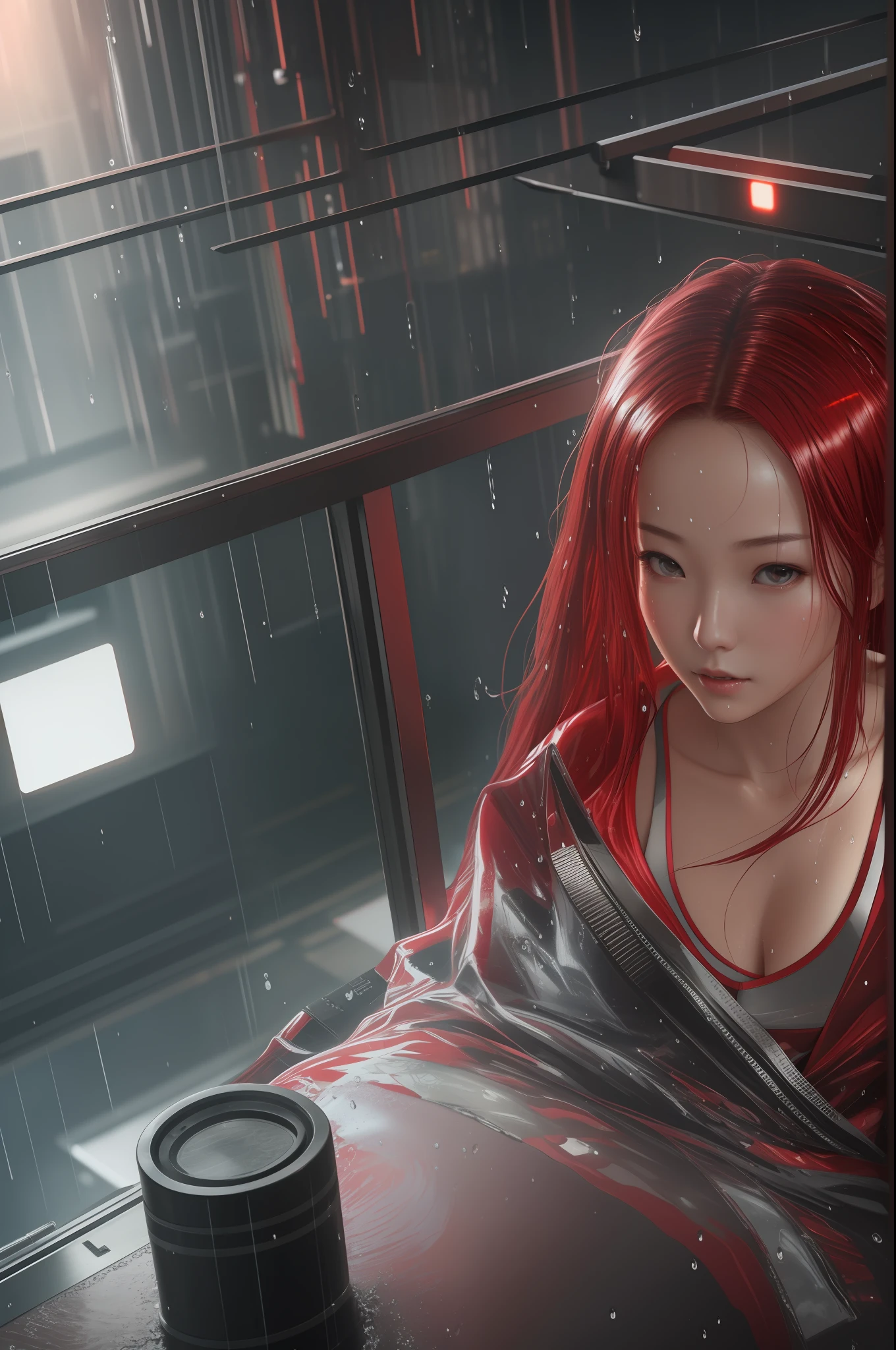 Amai Liu, Close-up, cinematic, realistic, wet skin, 1girl, cute face, russian girl, flowing red hair, cyberpunk outfit, big ass, fat legs, sexy, nsfw, wet skin, cyberpunk style clothes, cyberpunk, raytracing, cinematic lighting, volumetric lighting, prominent projected shadows, highly detailed, great details, soft focus, 8yk, raw photo, masterpiece, best quality, highres, realistic, photo-realistic, ultra detailed