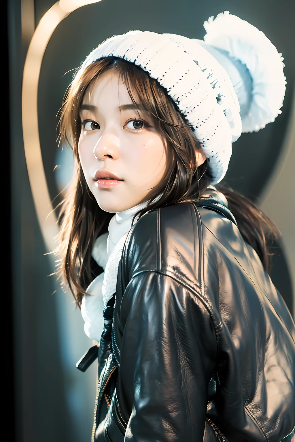 (
(8k:1.27), best quality, masterpiece, ultra highres:1.2) Photo of Pretty Japanese woman
(beautiful:1.1) (sci-fi warrior woman:1.1) space soldier, (beanie:1.61) (leather jacket:1.21) intricate elegant, fantasy, detailed, ometric by greg rutkowski and alphonse mucha, gradient lighting