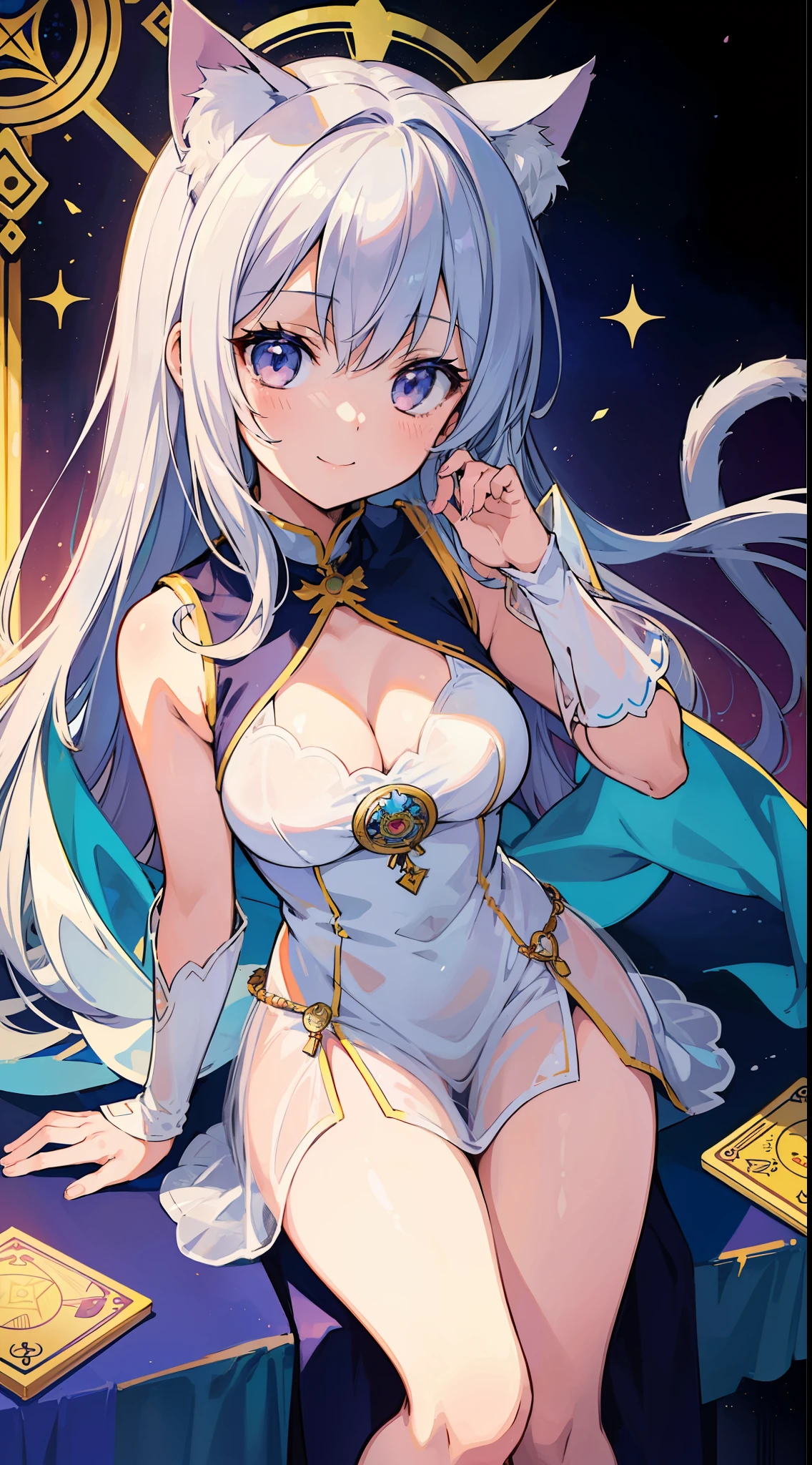 (Masterpiece), (Top Quality Anime Illustration), (Super Definition), One Girl, Solo, Beautiful Girl with Silver Hair, Anime Loli, Cat Ear Loli, See-Through Priestess Costume, Sleeveless, Smile, Cleavage Enhancement, Lower Breast Emphasis, Thighs, Tarot Card Style, Pope