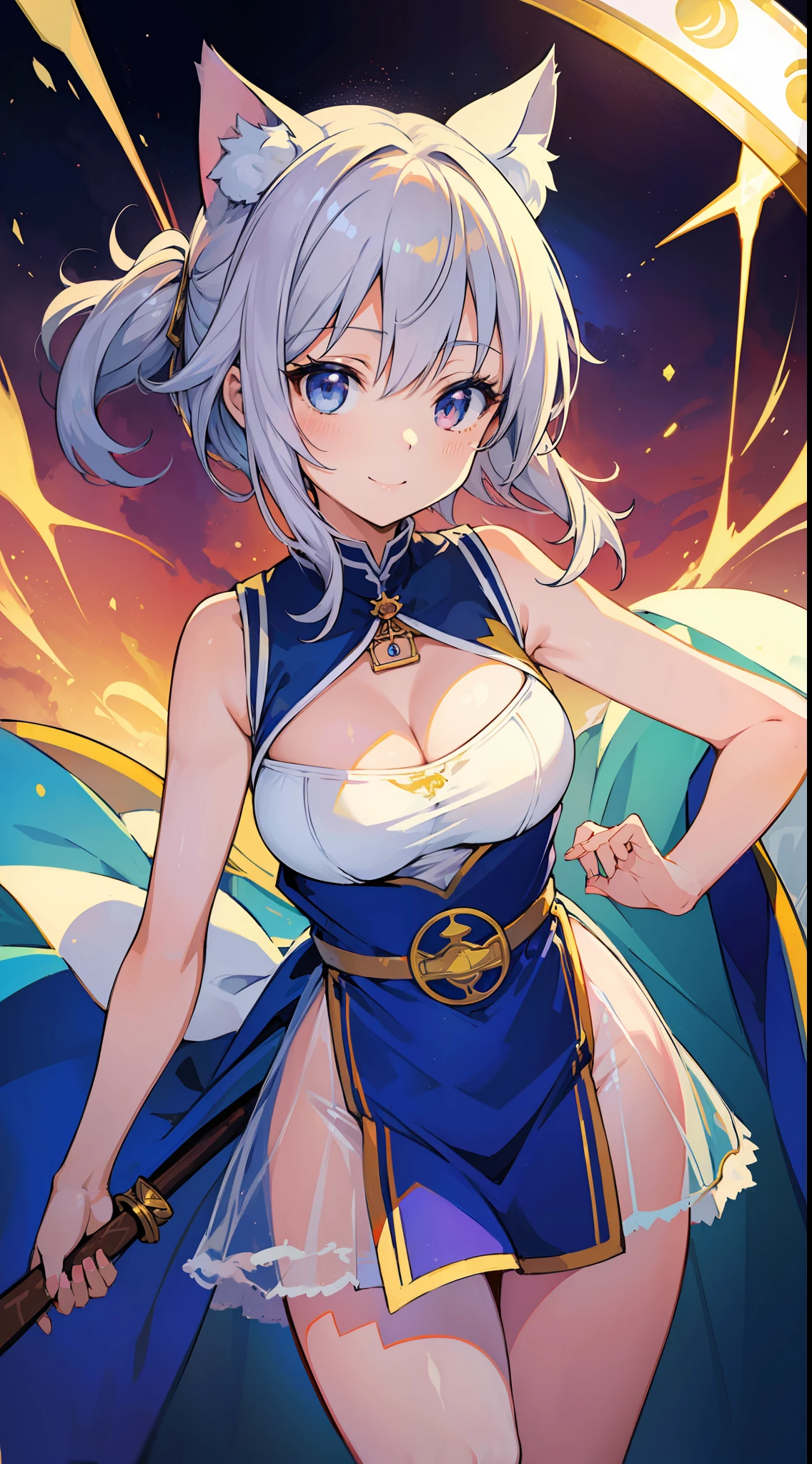 (Masterpiece), (Top Quality Anime Illustration), (Super Definition), One Girl, Solo, Beautiful Girl with Silver Hair, Anime , Cat Ear Lolie-Through Priestess Costume, Sleeveless, Smile, Cleavage Enhancement, Lower Breast Emphasis, Thighs, Tarot Card Style, Pope