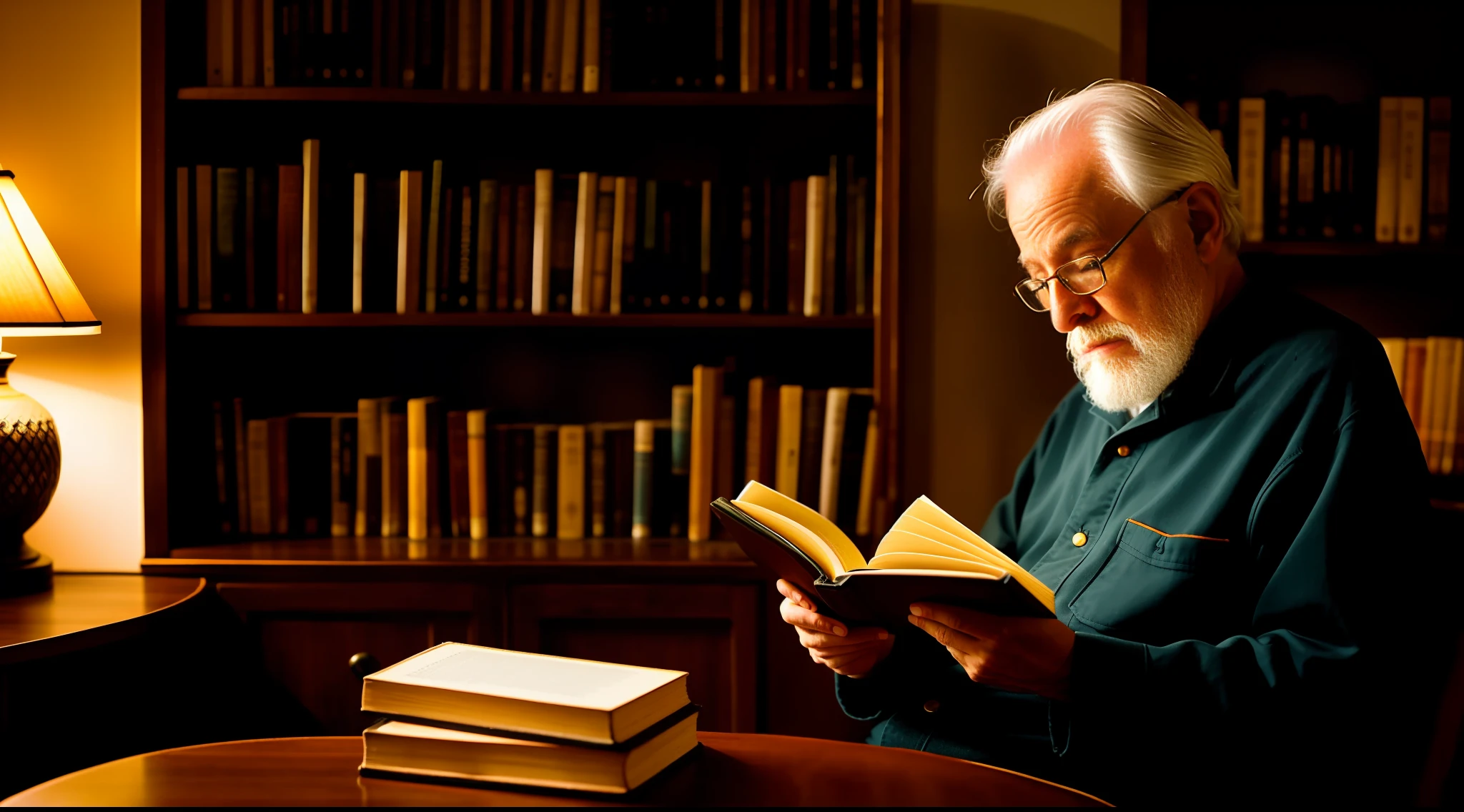 an old man reading an old book, twilight light, warm atmosphere, cultured atmosphere