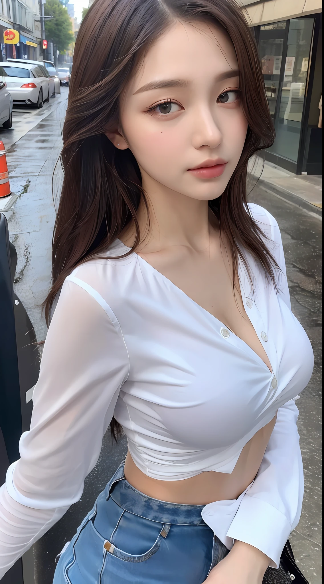 ((Best Quality, 8K, Masterpiece: 1.3)), Sharp: 1.2, Perfect Body Beauty: 1.4, Slim Abs: 1.2, ((Layered Hairstyle, Big Breasts: 1.2)), (Wet White Button Long Shirt: 1.1), (Rain, Street: 1.2), Wet: 1.5, Highly detailed face and skin texture, detailed eyes, double eyelids, side face looking at the camera