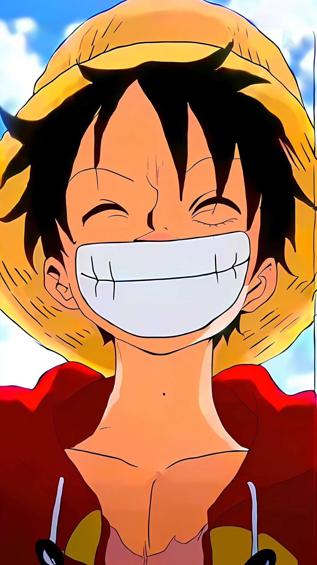 a close up of a person with a hat on and a tooth, luffy, monkey d luffy, monkey d. luffy, luffy (one piece, luffy from one piece, portrait of luffy from one piece, inspired by Eiichiro Oda, from one piece, one piece style, luffy gear 5, alien robot luffy, eiichiro oda style, one piece artstyle
