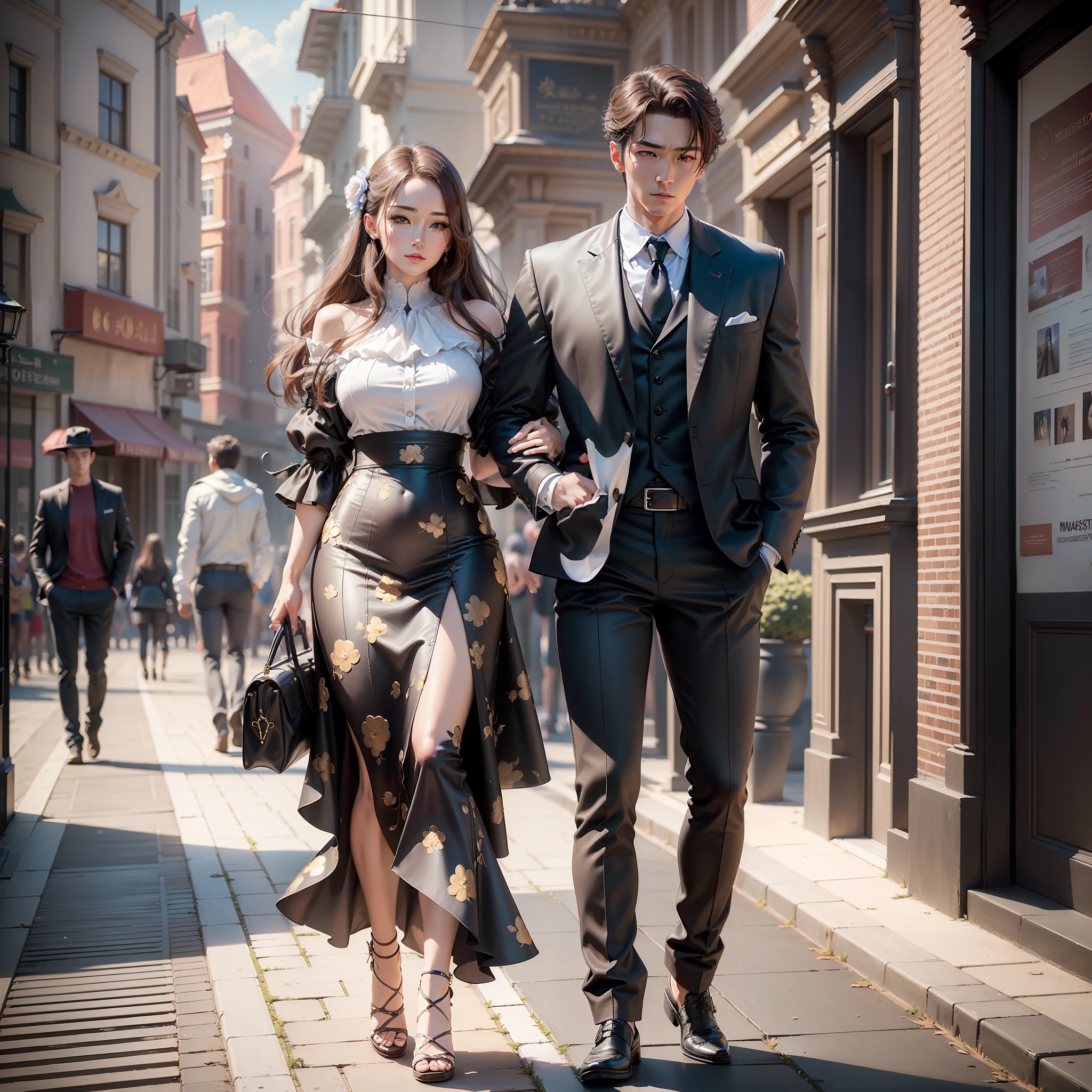 ((Top Quality, 16k, Masterpiece, photorealism, photography, Realistic)) encontry couple, woman and man, like a kdrama scene, real body, full body, Highly detailed face and texture, beautiful eyes, Detail hair, good proportions, anatomically correct, high details, full clothes
