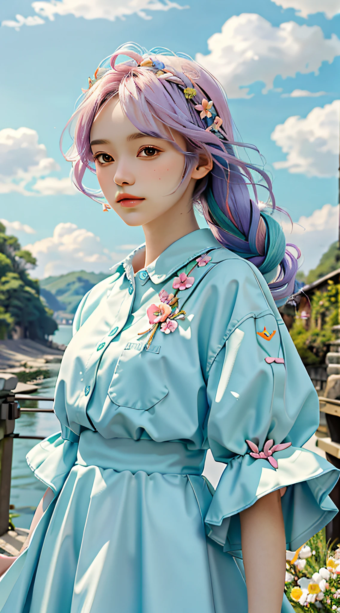 masterpiece, best quality, spring outfit, colorful hair, outdoor,cloud ,upper body,