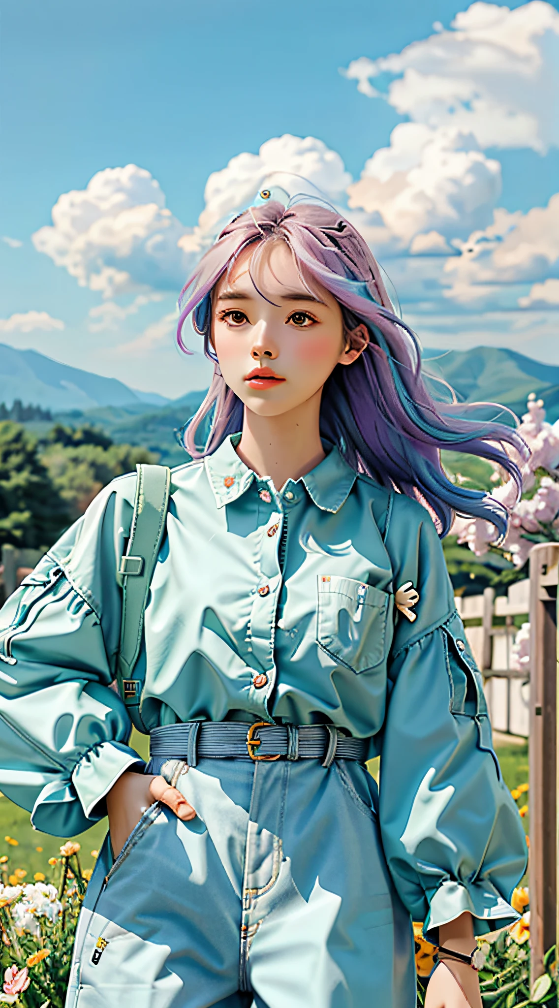 masterpiece, best quality, spring outfit, colorful hair, outdoor,cloud ,upper body,