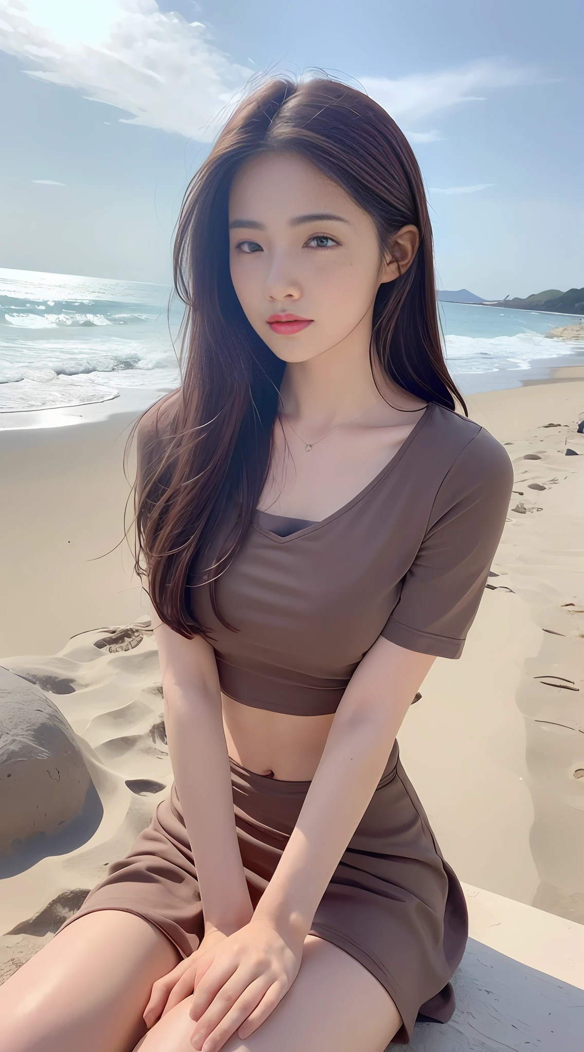 ((Realistic lighting, Best quality, 8K, Masterpiece: 1.3)), Clear focus: 1.2, 1girl, Perfect beauty: 1.4, Slim abs: 1.1, ((dark brown hair)), (Pink youth clothing: 1.5), (Outdoor, seaside: 1.1), Sexy, selfie, super fine face, fine eyes, double eyelids, flushed complexion, sitting on the beach,