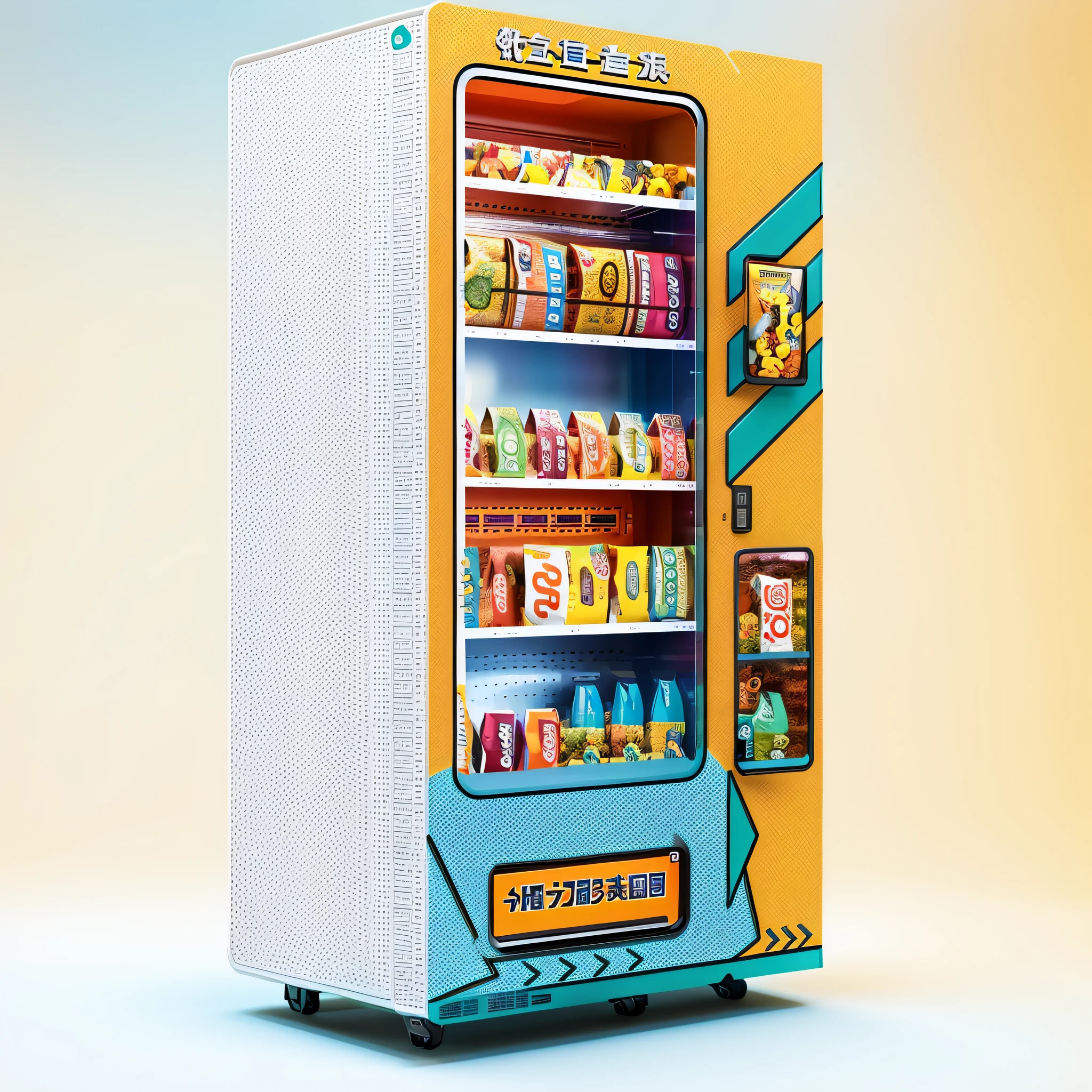 Close-up of vending machine with snacks, 3D product rendering, machine, high-quality product image", product design rendering, snake machine, broken vending machine, concept, product rendering, style style of Happy potato chips on the fuselage, reasonable with lively elements appearing on the fuselage, the whole is dominated by yellow and orange, and the color distribution can be 50% each