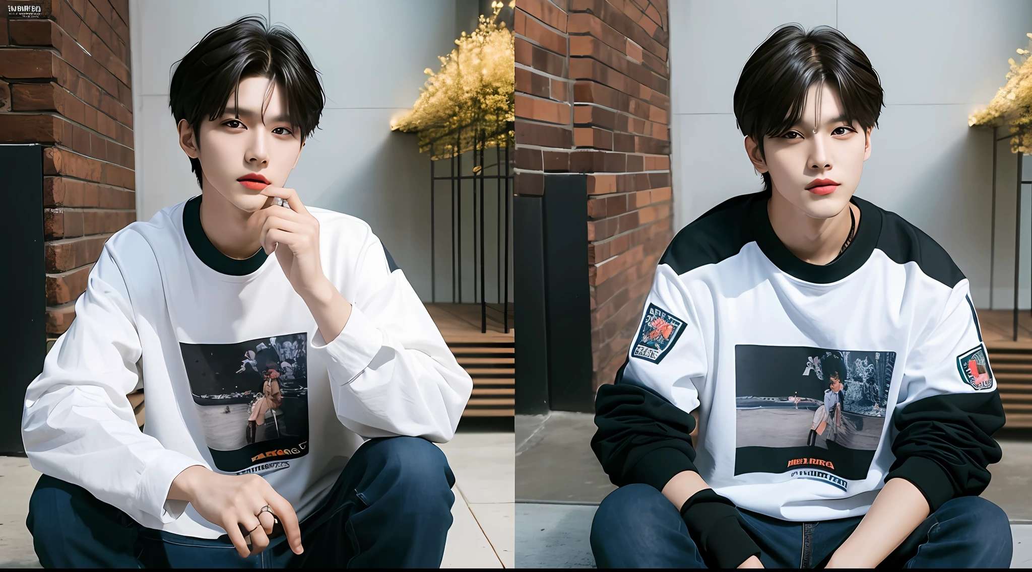 (Two men: 1.9), ((two men inspired by J-HOPE and KIM TAEHYUNG!!!)), (masterpiece, ultra quality, high resolution, 8k, intricate: 1.2), (detailed faces: 1.2), beautiful, double eyelids, detailed skins, 2boys, (realistic)), good quality lighting, (seated: 1.4), in urban clothes, (couple: 1.9)