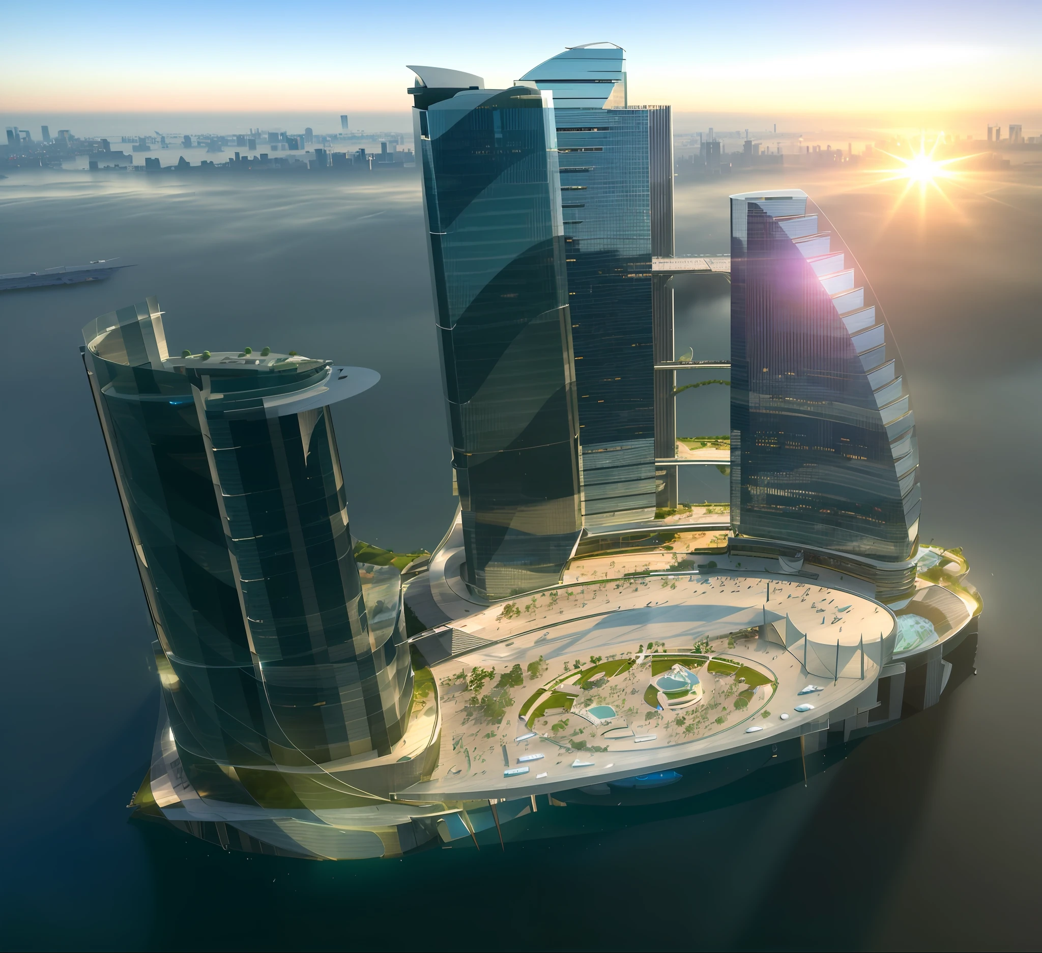 ((masterpiece, best quality)), aerial view of skyscrapers, photorealistic. cinematic illumination. dramatic illumination. , 8k, modern architecture style, photo realistic, hyper detailed photo, clean sky,