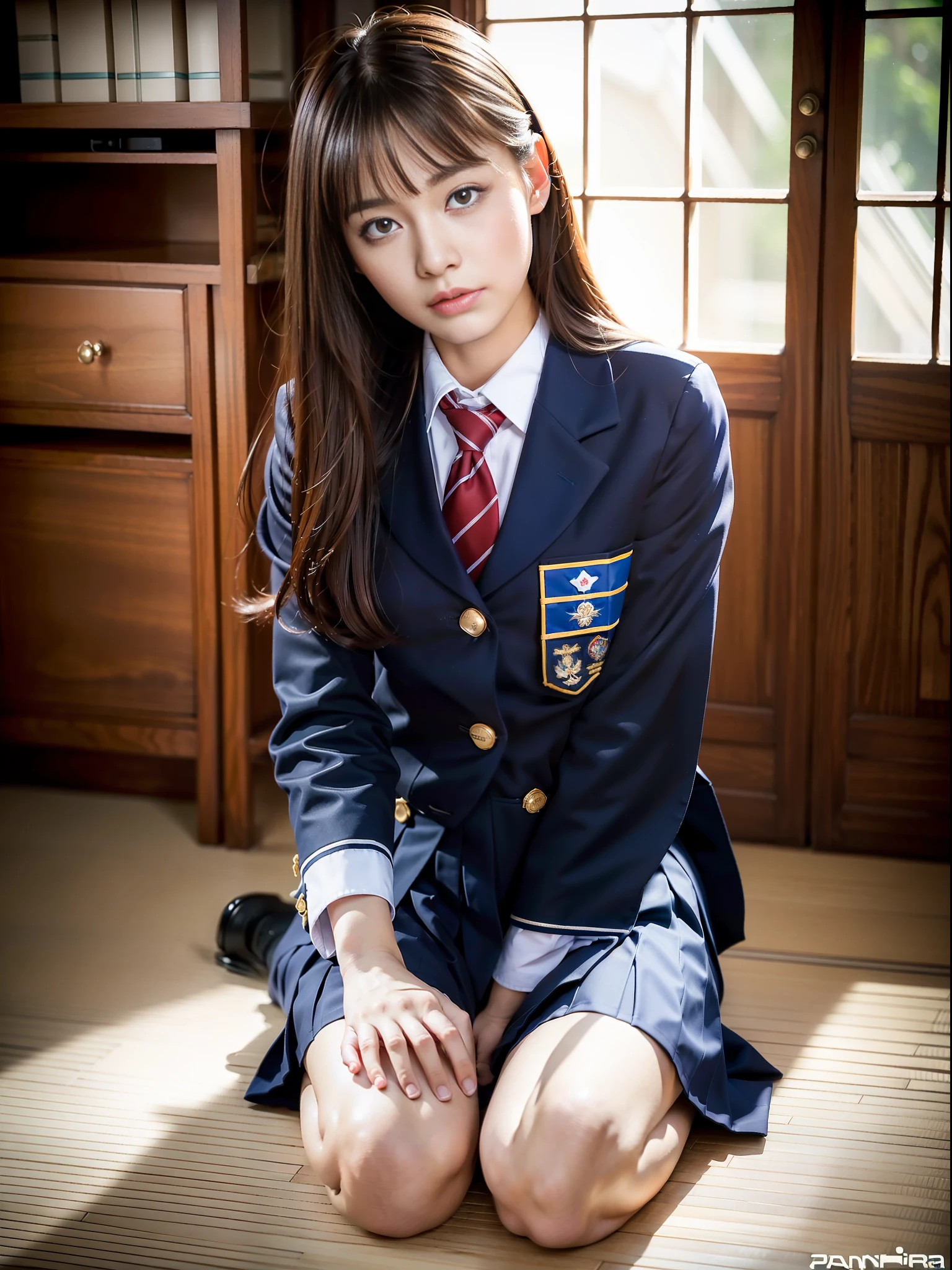 (Raw photo: 1.2), (photoreal: 1.4), beautifully detailed girl, highly detailed eyes and face, beautifully detailed eyes, ridiculous, incredibly ridiculous, huge file size, super detailed, high resolution, very detailed, top quality, masterpiece, ((Japan girl uniform、、、)) very detailed, CG, uniform, 8k wallpaper, amazing, fine detail, masterpiece, top quality, Highly detailed CG uniform 8k wallpaper, face lights, movie lighting, 16 yea (dynamic pose)), (sitting with legs bent), ((((panchira))))