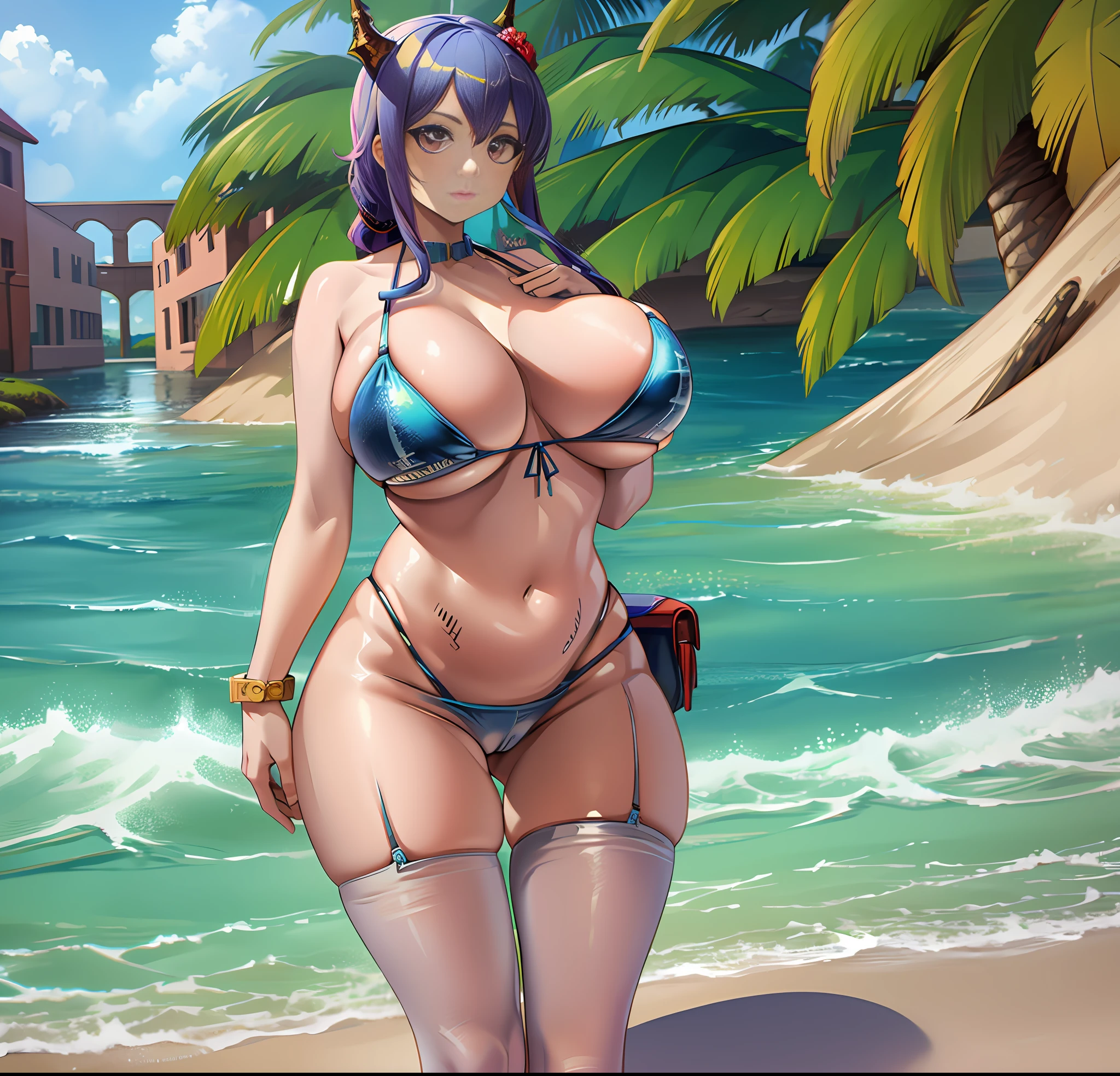 Masterpiece, Best Quality, Ultra Detailed, Illustrations, 1girl, (Full body: 1.4), (Looking at the audience: 1.4), Miniature bikini, Beautiful detailed eyes, (Big breasts: 2), (((Gigantic breast))),
