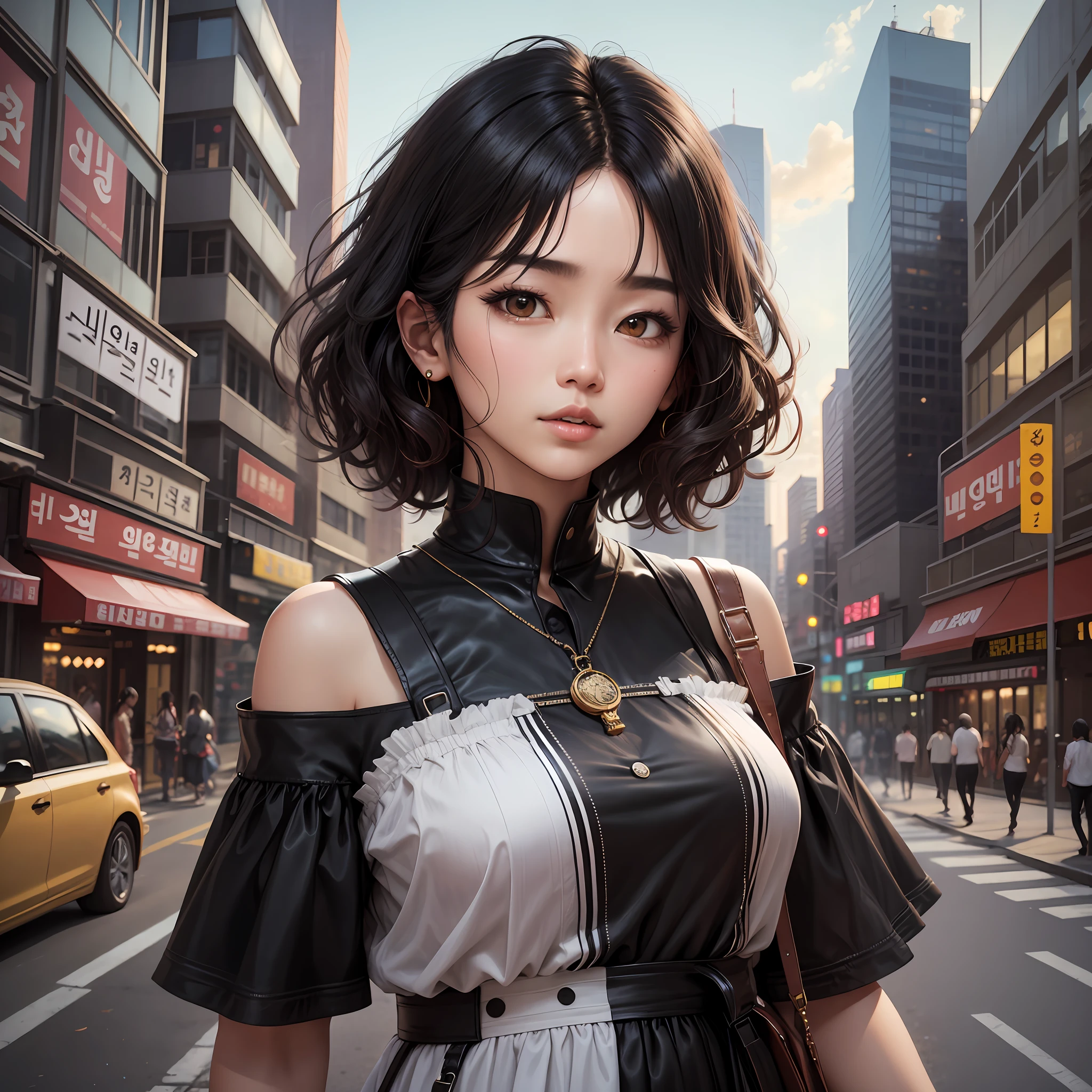 Loose and permed medium hair, Korean, above the shoulders, black hair, photorealistic appearance, background in the city --auto --s2