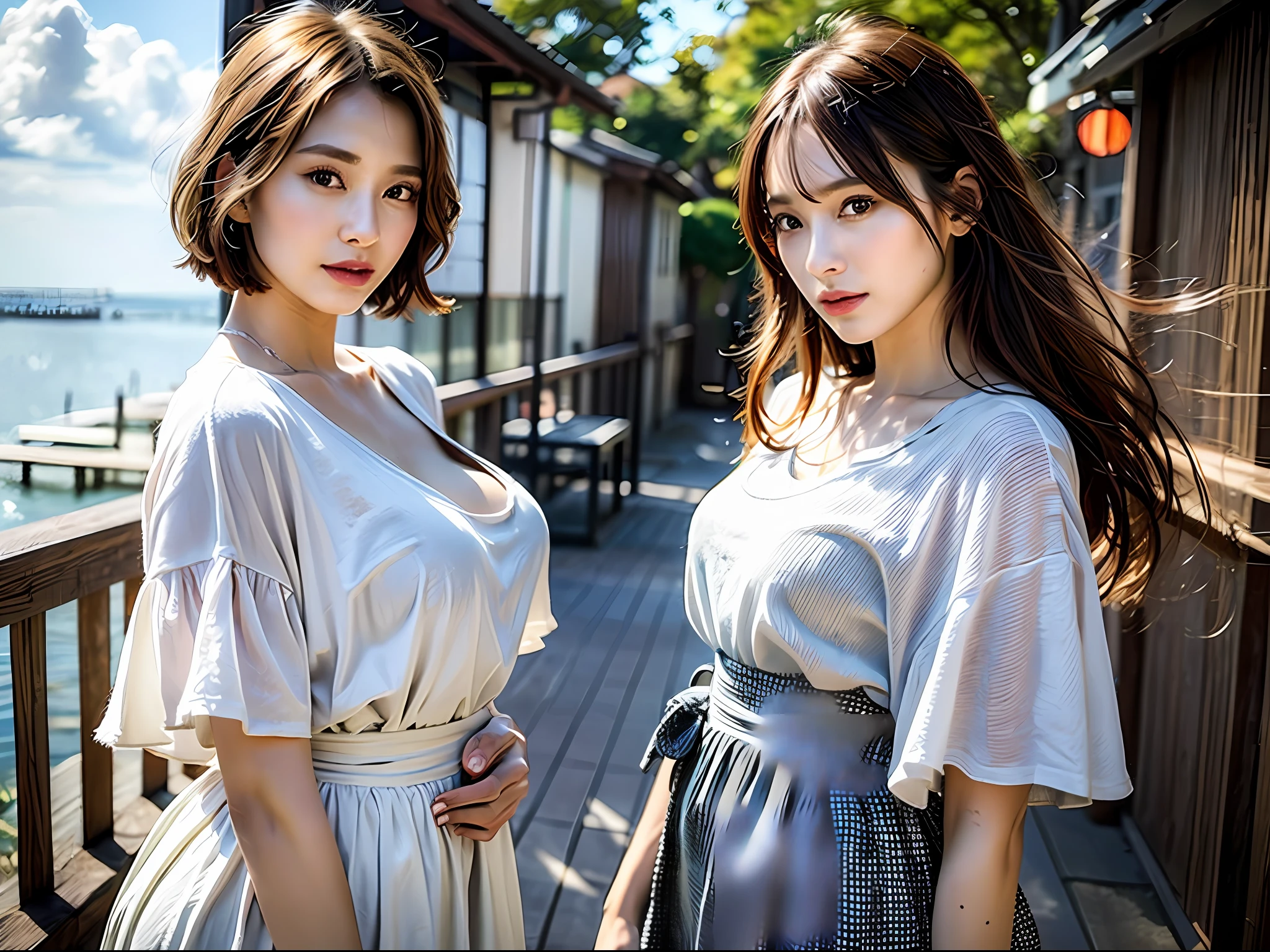 (8k, Best Quality, Masterpiece:1.2),(hair_style) ,(Realistic, Photorealistic:1.37), Best Quality, Masterpiece, Shot on a wooden deck with a view of the sky and sea in the summer sun, [Small breasts], two models with similar atmosphere, backlit, camera angle from the waist up, angle from behind, pose with hair raked up with hands, shot in natural light from morning to noon, Hairstyle and fashion style according to the Japan trend of 2023, realistic, lifelike, super detailed, beautiful face, 30s, actress, half Japan and half Russian, elaborate CG, slender, cute, mature, hairstyle is a short bob cut that matches the fashion of Japan in 2023 and hair fluttering in the wind, delicate skin type, fine details and softness of hair, The model's hair color is slightly bright and soft, and for glossy makeup and fashion style, choose an oversized T-shirt that matches the summer trend of 2023 and combine it with light pastel colors for a casual look.