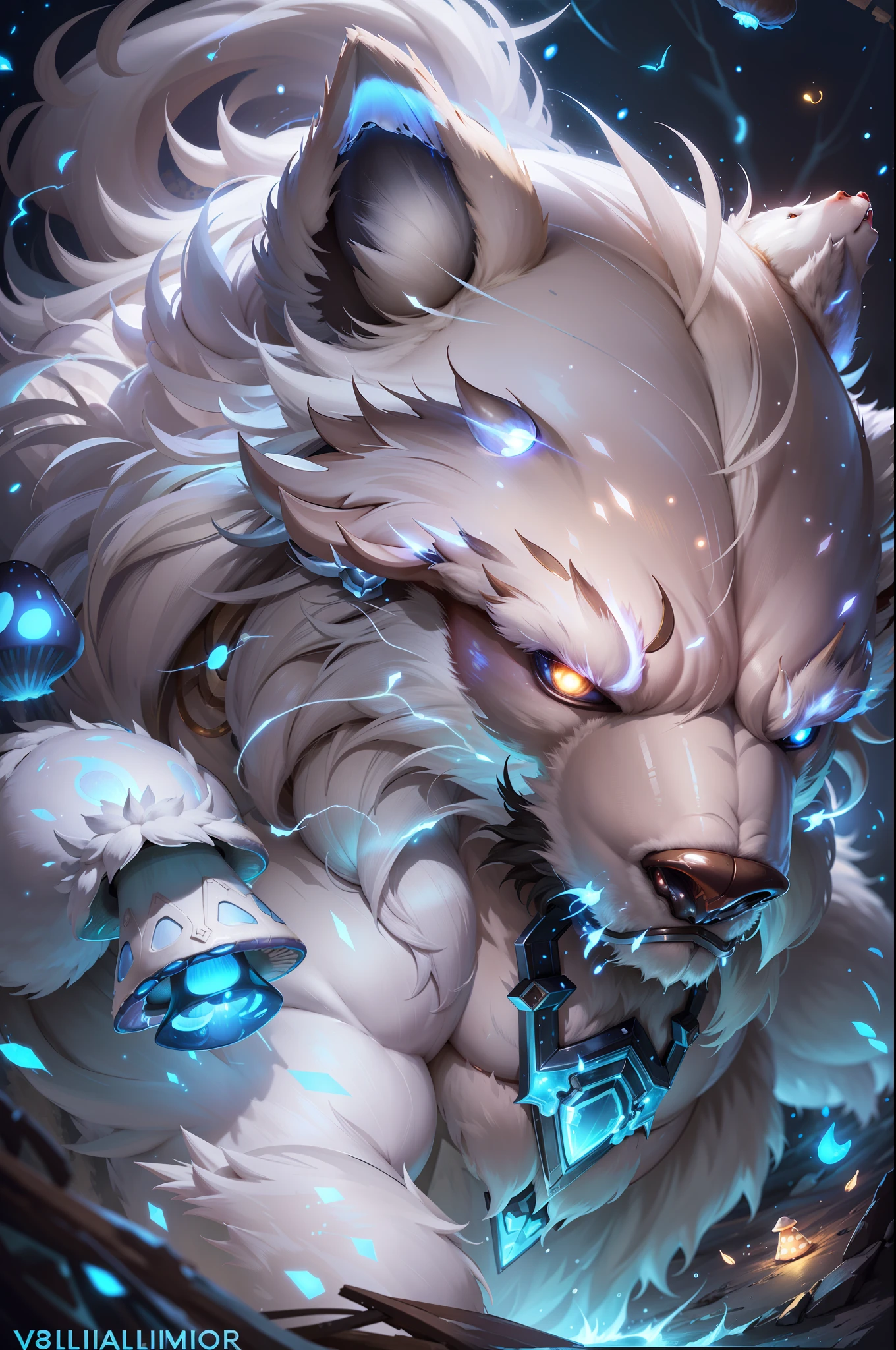 (masterpiece, 4k ,ultra detailed:1.2),(fantasy:1.2),illustration,(realistic:1),(photorealistic:1),
(Volibear, the champion from League of Legends:1.6),
(white hair,very long fur:1.6),(roaring with open mouth:1.3),(white bear with blue eyes and a glowing light on its face:1.4),
(musculous body,blue rays coming out of eyes,rays surrounding around,giant bear:1.3),
(forest, night, lighted mushrooms, fireflies:1.2),