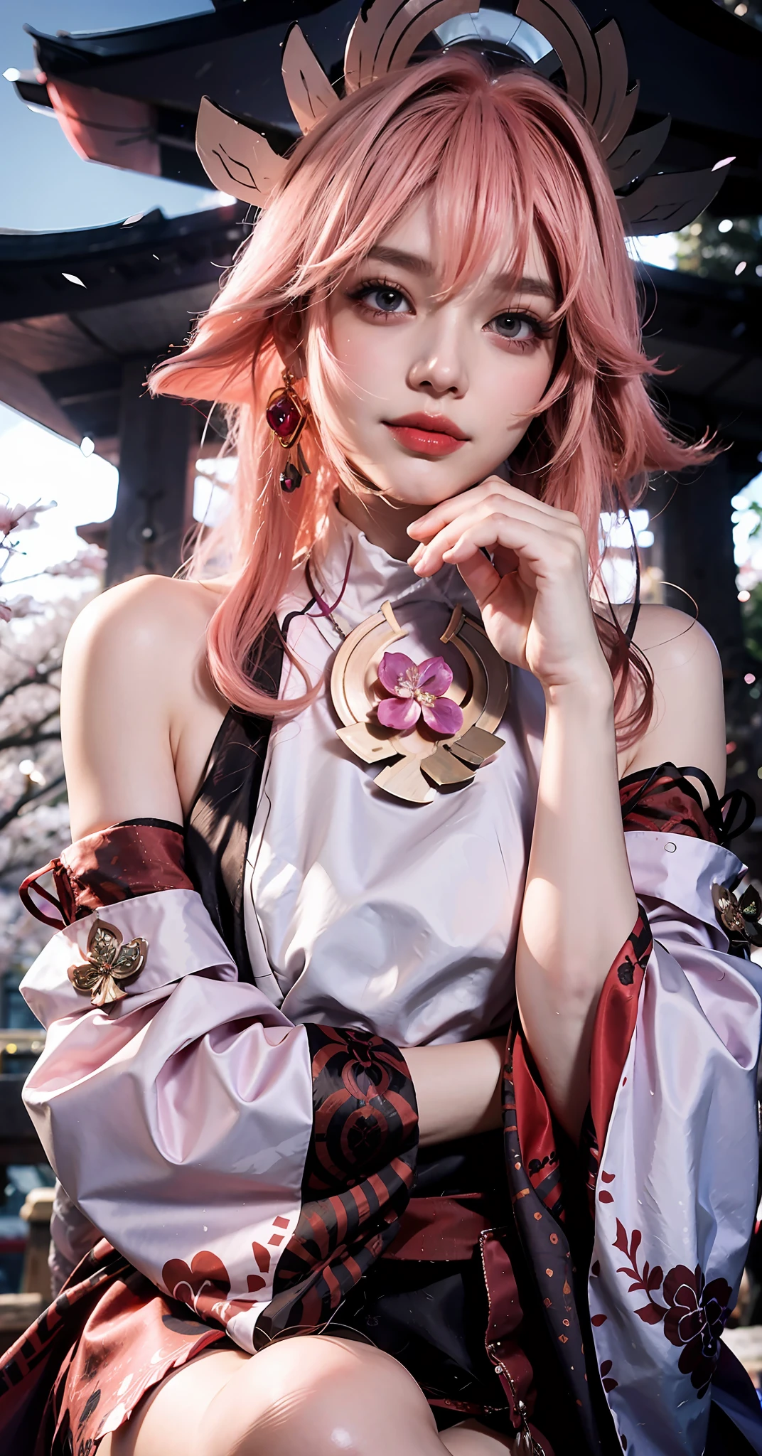 1girl, (ulzzang- 6500:0.7), kpop idol, yae miko, sleeves, bare shoulders, pink hair, long hair, Japanese clothes, best quality, (painting: 1.5), (hair ornament: 1.35), jewelry, purple eyes, earrings, breasts, torii, cherry blossoms, lantern lights, depth of field, detailed face, facial focus, ribbon_trim, (watching audience: 1.25), Non-traditional witch, shiny skin, long sleeves, smile, thick lips, game cg, hands on lips, East Asian architecture, (blurred background: 1.2), sitting, upper body,