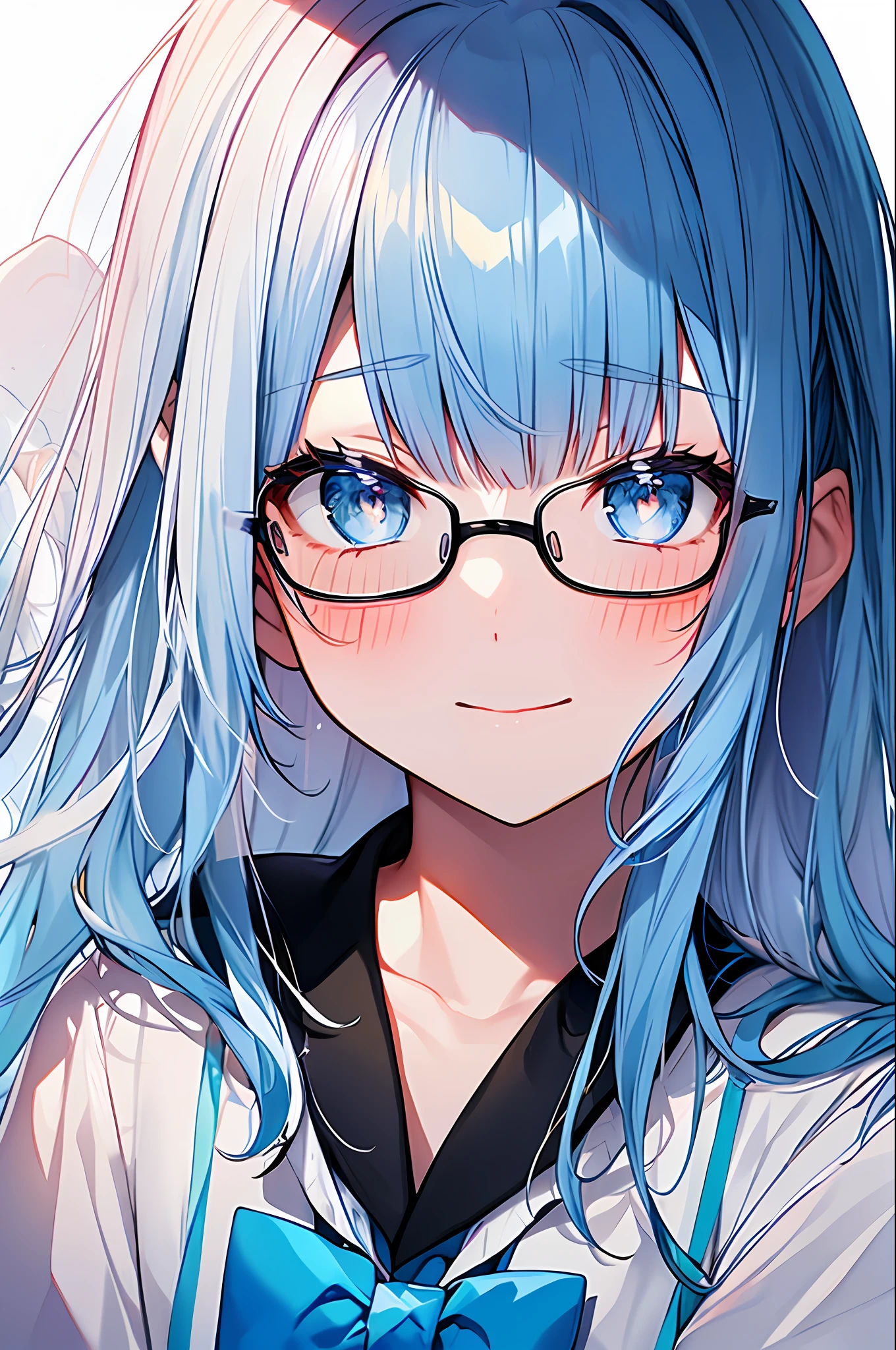 (Masterpiece, Top Quality, Best Quality, Watercolor (Medium), Official Art, Beautiful and Aesthetic: 1.2), (1 Girl: 1.3), (Fractal Art: 1.3), Star-shaped pupil, Watching viewer, Pattern, (Blue hair, Light blue hair, half blue and half light blue hair: 1.2), Water, Liquid, Cloud, Colorful, Smile, Glasses, Close Up, Heavy Rain, Wet School Uniform, School Uniform, Glittery Eyes, Blush, Wet Hair,