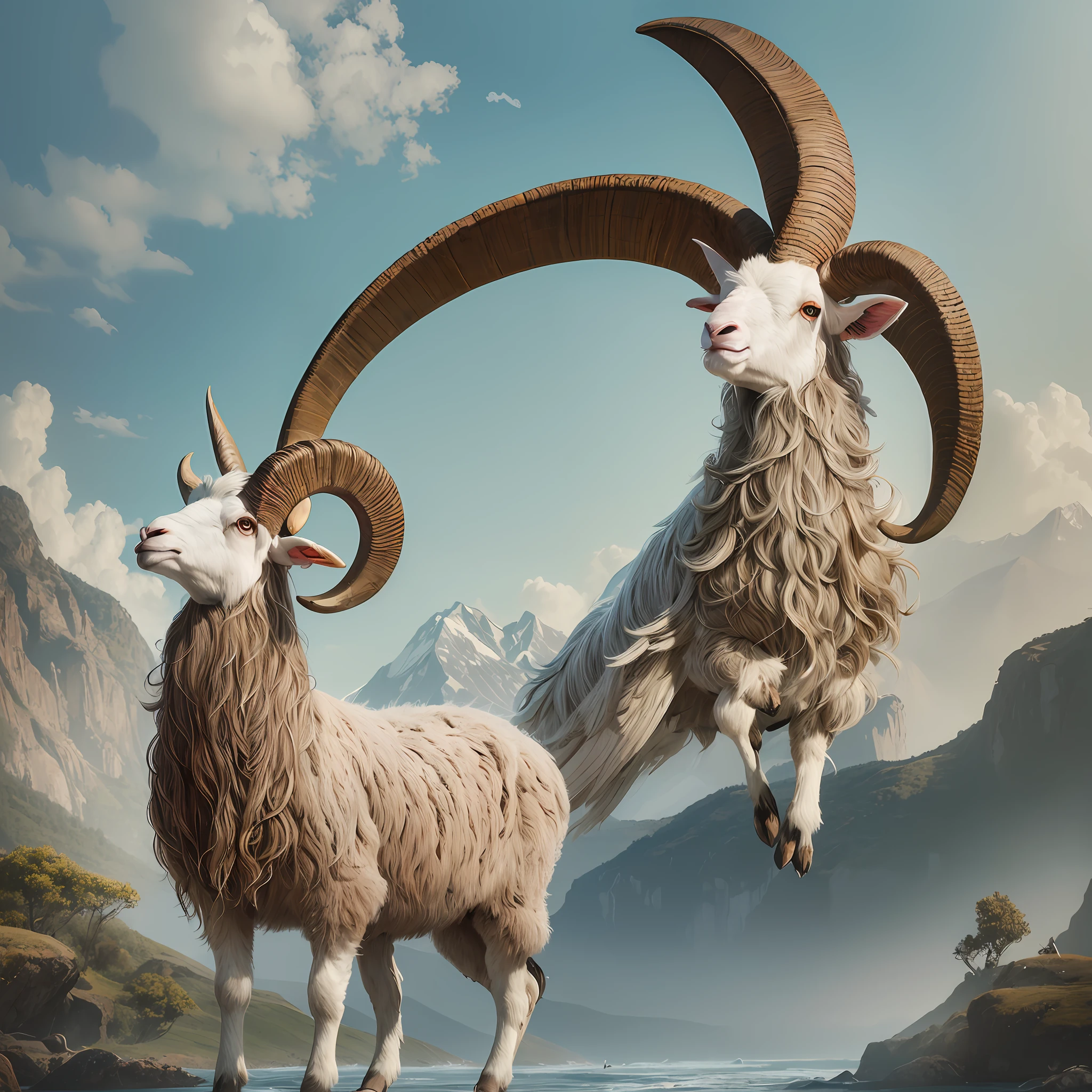 A painting of a ram, a flock of sacred birds flying around it, inspired by the Mountain and Sea Sutra, inspired by the list of gods, with horns, dynamically changing, dominated by the ground, a bit of mythical atmosphere, bronzed picture tones, embellished with lambs --auto --s2