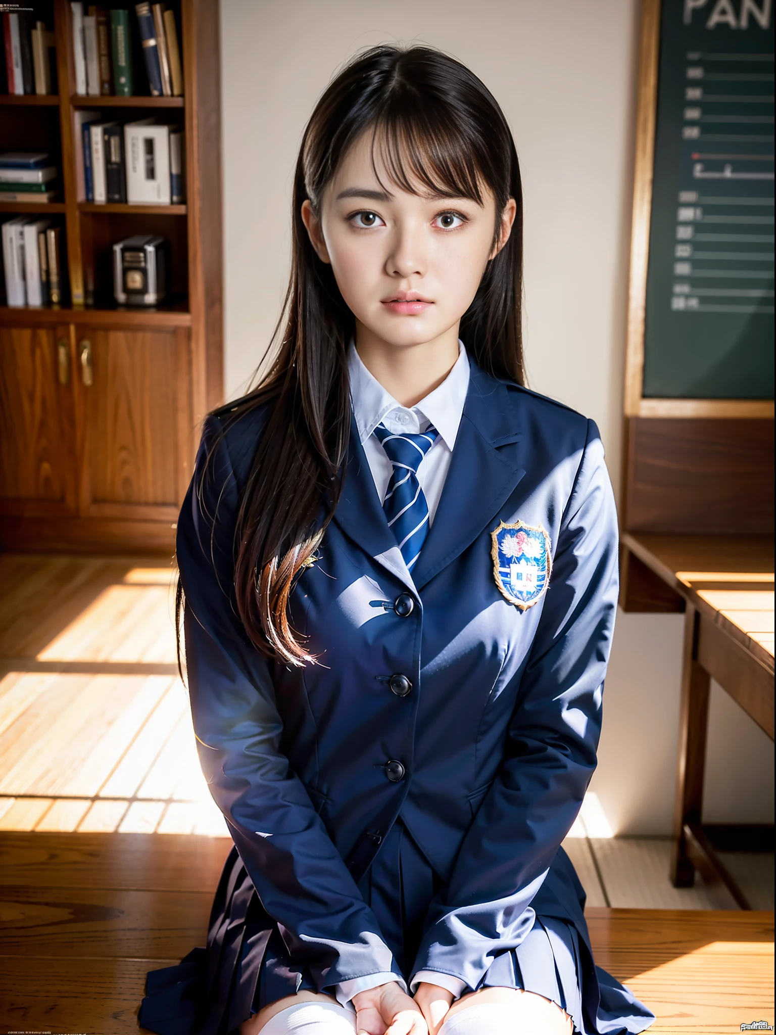 (Raw photo: 1.2), (photoreal: 1.4), beautifully detailed girl, highly detailed eyes and face, beautifully detailed eyes, ridiculous, incredibly ridiculous, huge file size, super detailed, high resolution, very detailed, top quality, masterpiece, ((Japan schoolgirl uniform、、、)) very detailed, CG, uniform, 8k wallpaper, amazing, fine detail, masterpiece, top quality, Highly detailed CG uniform 8k wallpaper, face lights, movie lighting, 16 year old girl, (dynamic pose)), (sitting with legs bent), ((((panchira))))