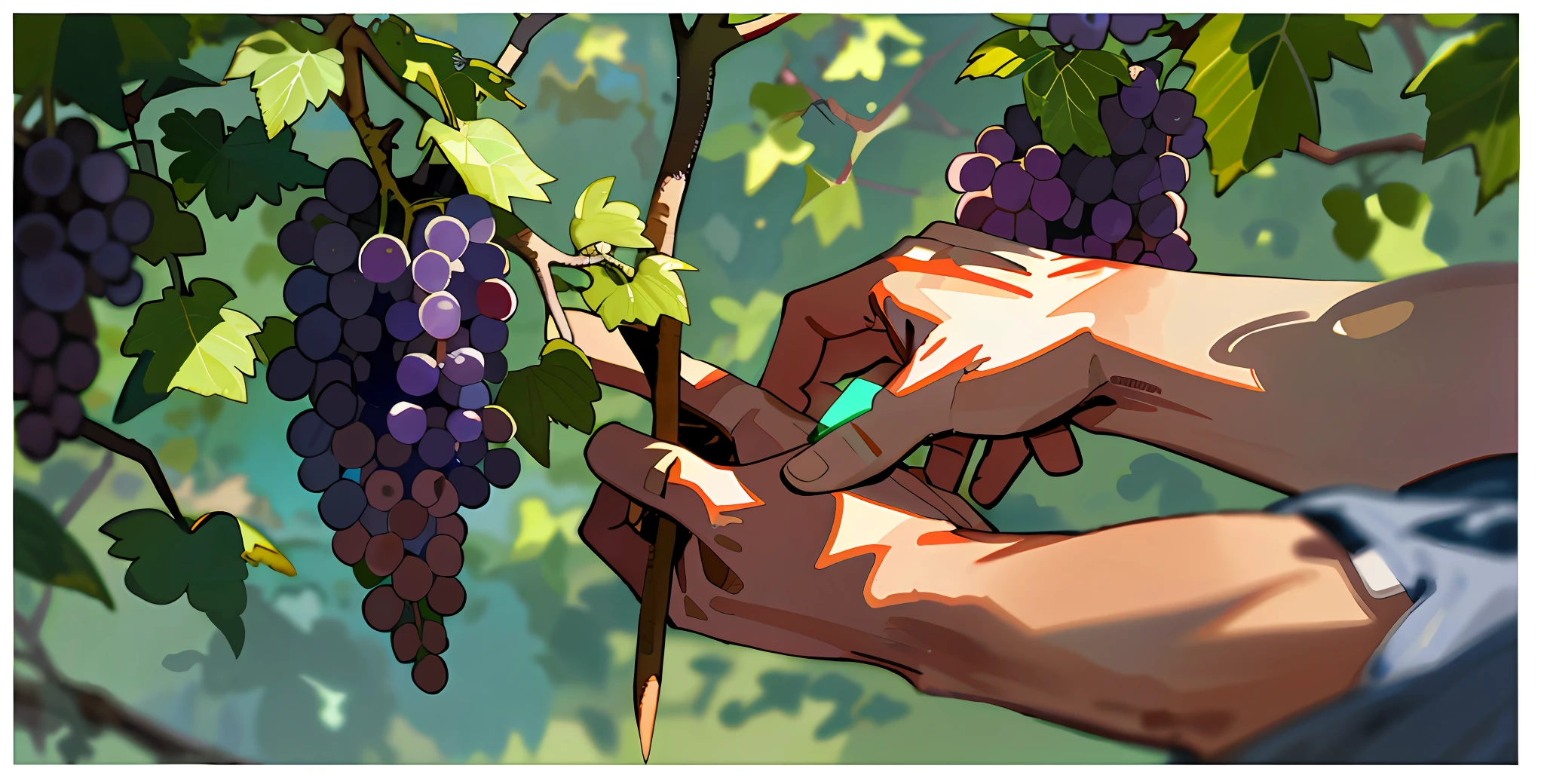 Hand closeup, someone is harvesting a grape branch with a knife, vineyard, Illustration, modern watercolor, lighting, 4K --auto --s2