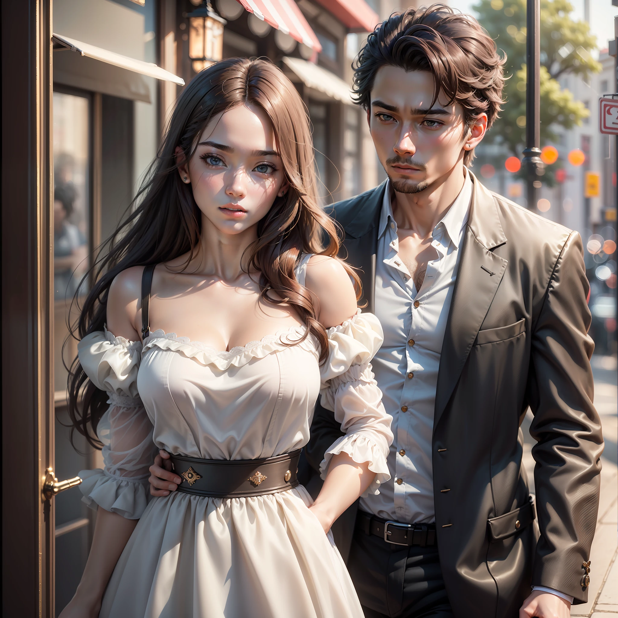 ((Top Quality, 16k, Masterpiece, photorealism, photography, Realistic)) encontry couple, woman and man, like a kdrama scene, real body, full body, Highly detailed face and texture, beautiful eyes, Detail hair, good proportions, anatomically correct, high details, full clothes